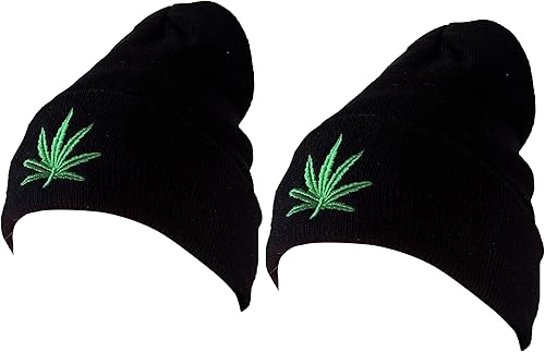 Paquete de 2 gorros de punto plegables con diseño de marihuana bordados, talla única