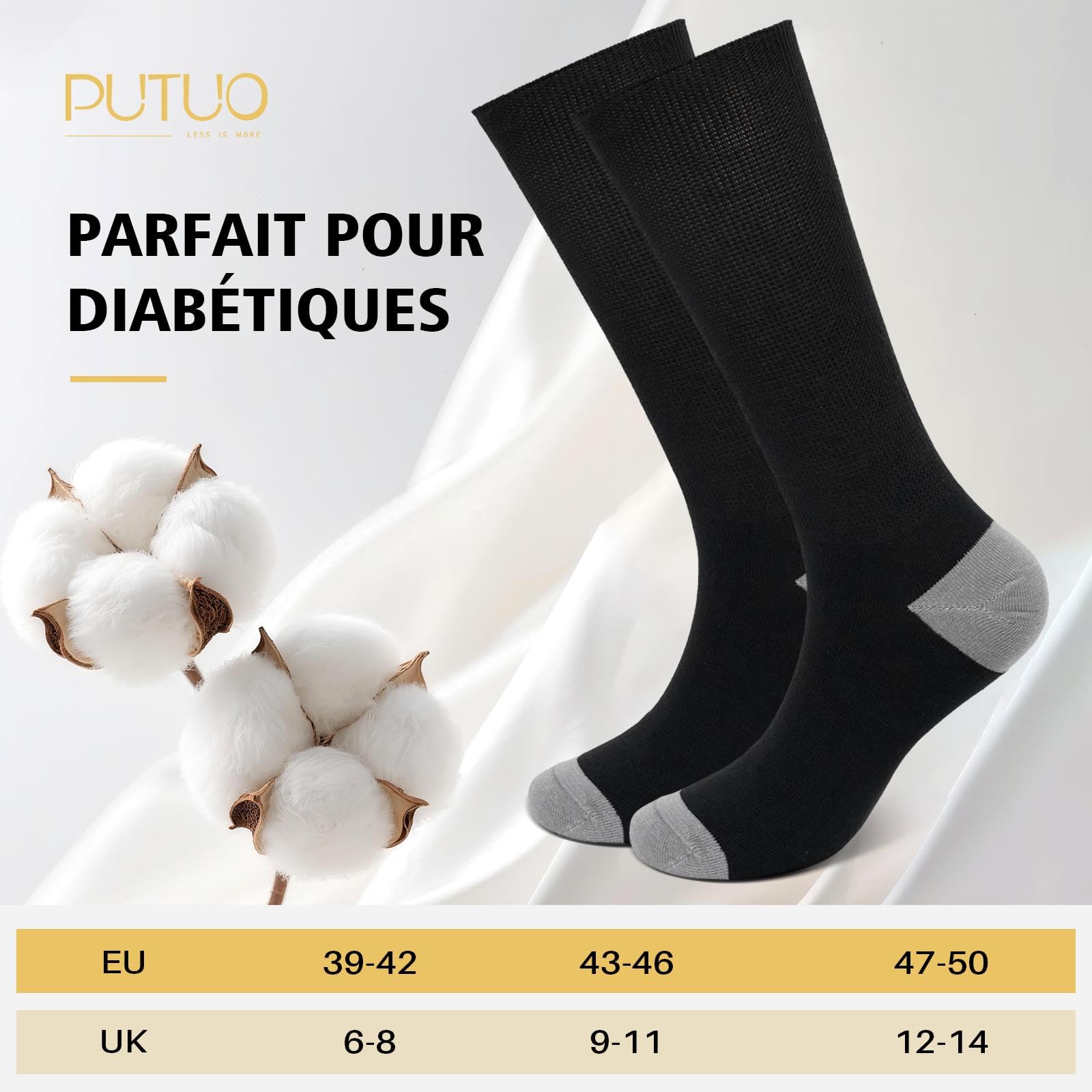 PUTUO Chaussettes Diabétiques pour Homme Femme: Chaussettes sans Elastique Extra Large pour Pieds Enflés – Socquettes sans Couture Non Comprimantes en Coton 6 Paires