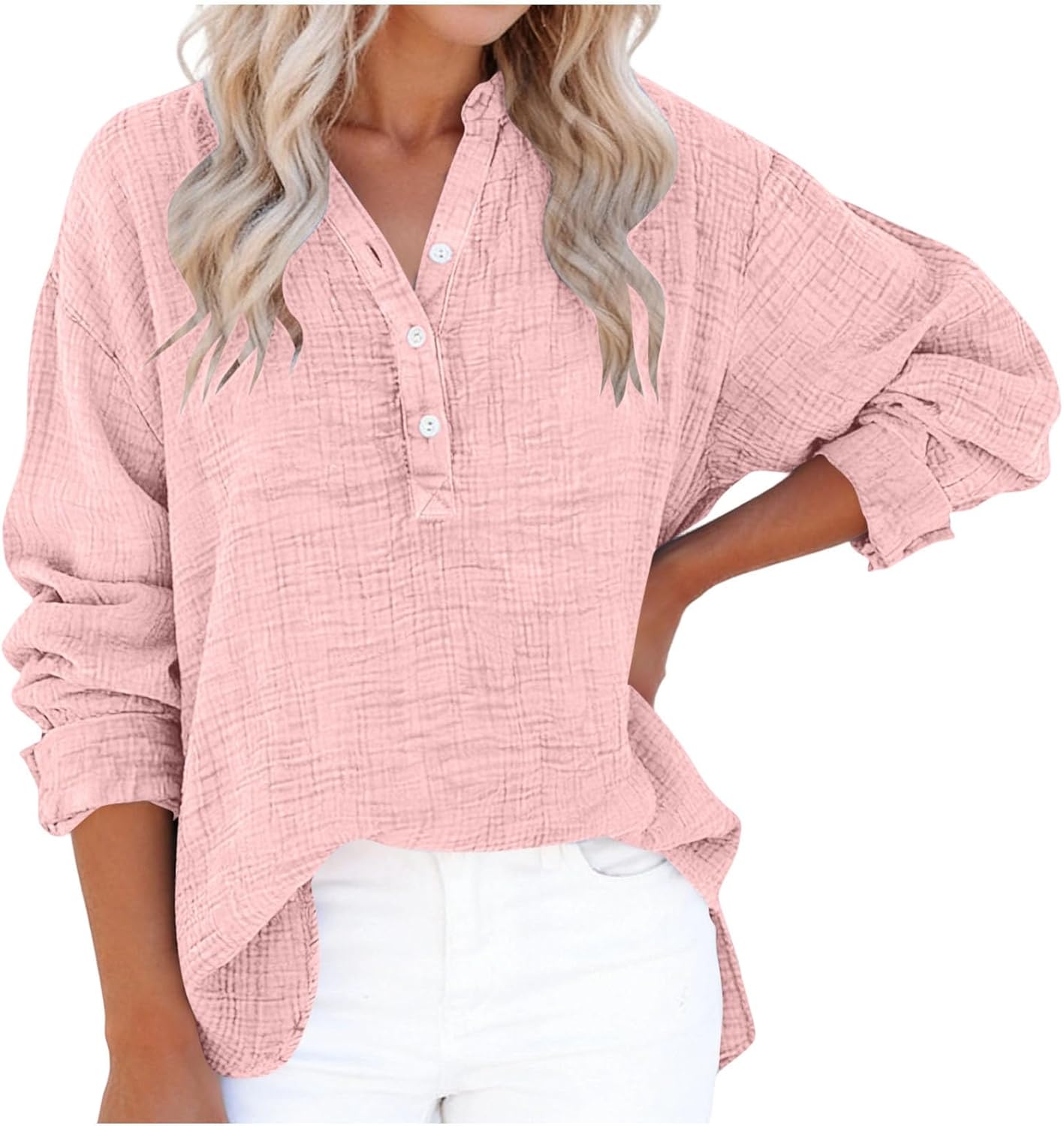 Womens Casual Long Sleeve Shirt, V-Neck Button Down Oversized Blouse with Wrinkle Detail and Pocket in Soft Cotton