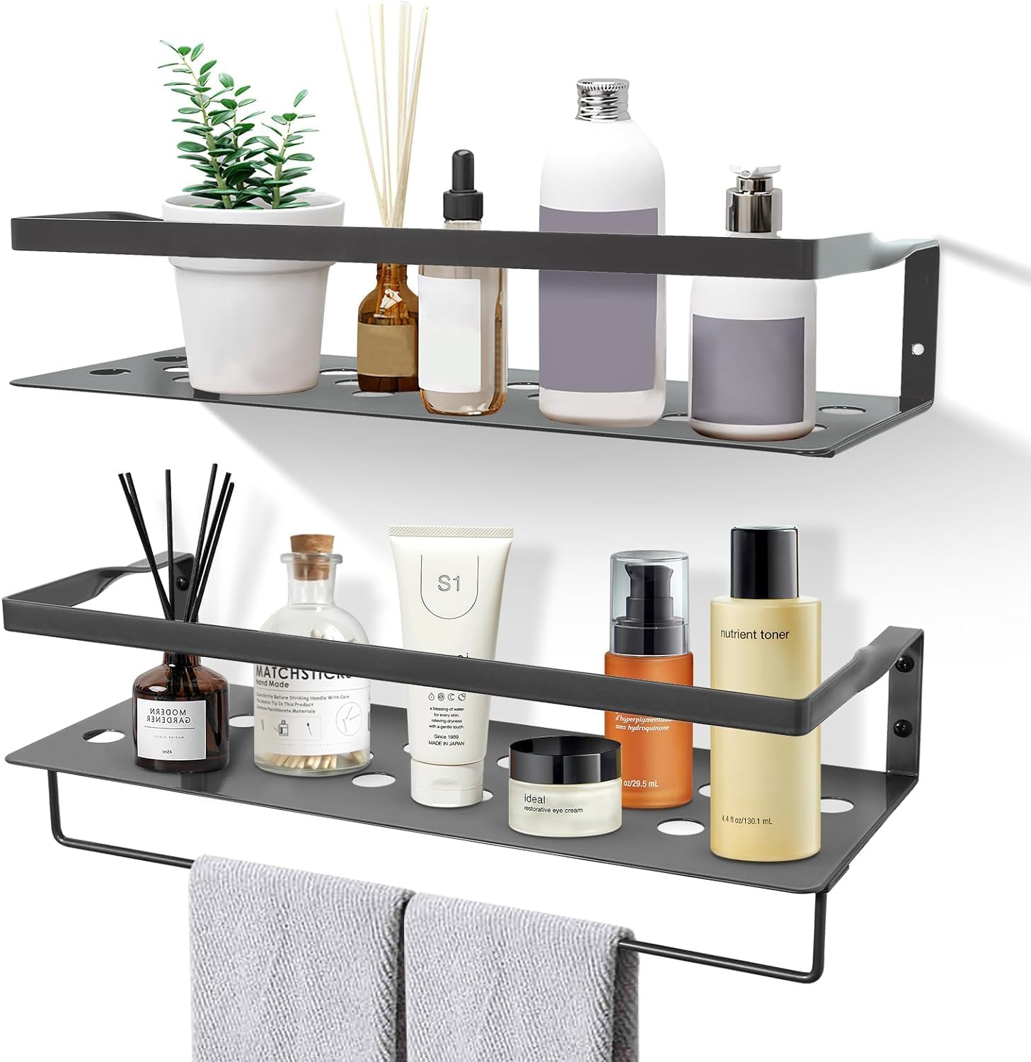 Uten Floating Shelves, Wall Mounted Iron Shelves Set of 2, Bathroom Storage Iron Shelves with Towel Rack, Wall Hanging Organizer Decor Shelf for Bathroom, Kitchen, Bedroom, Living Room
