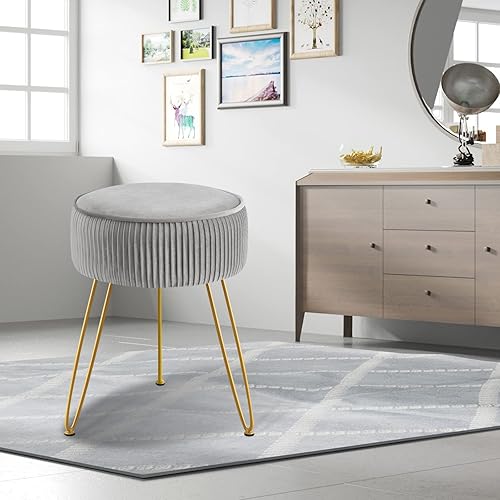 Miniatura 7 de GERANT Taburete de tocador multifuncional, taburetes modernos para sala de maquillaje, taburete otomano redondo de terciopelo con patas de metal,