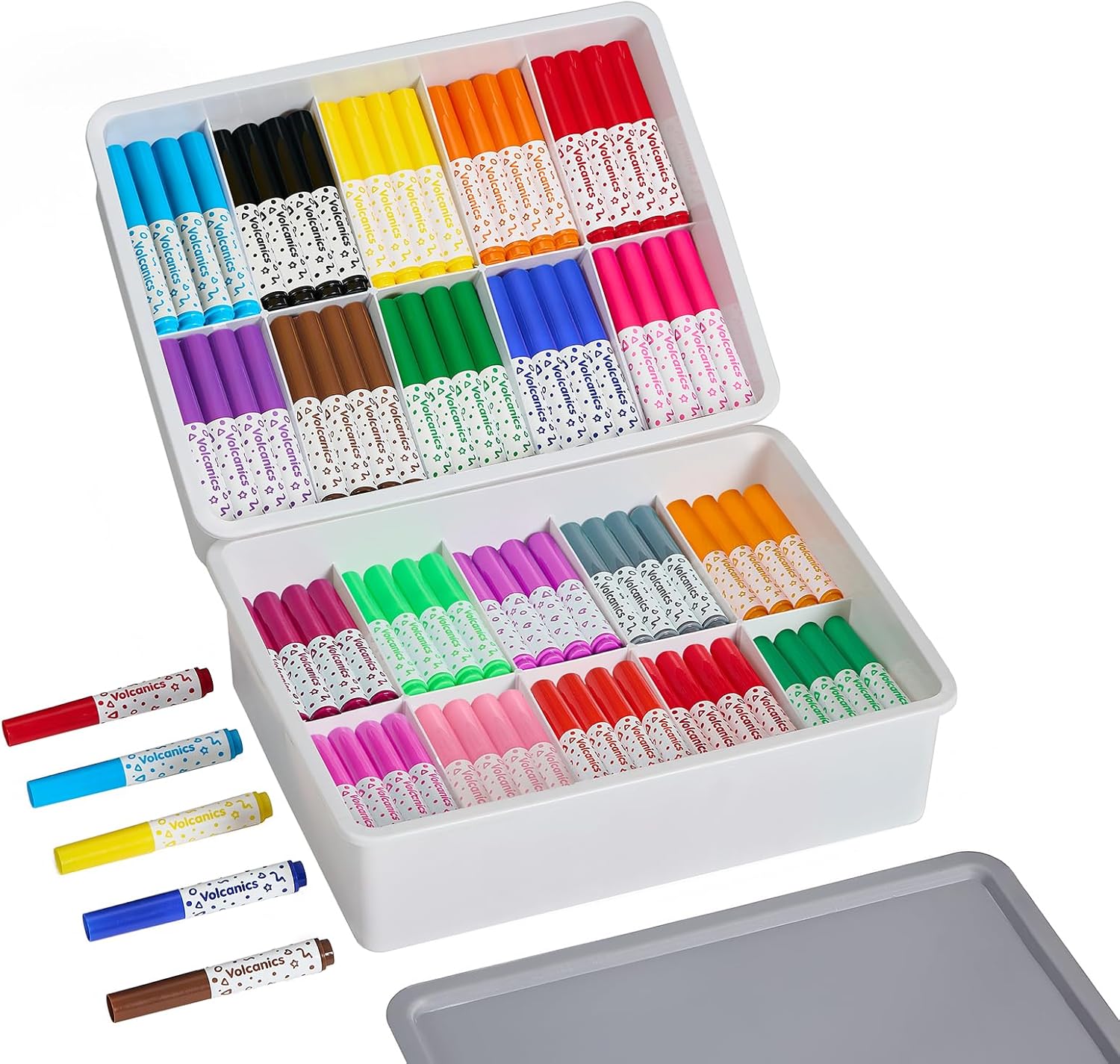 Volcanics 240 Count Washable Markers for with Gray Storage Box – 20 Colors (12 Each) – Bulk Marker Set – Non-Toxic Coloring Markers for Art Supplies