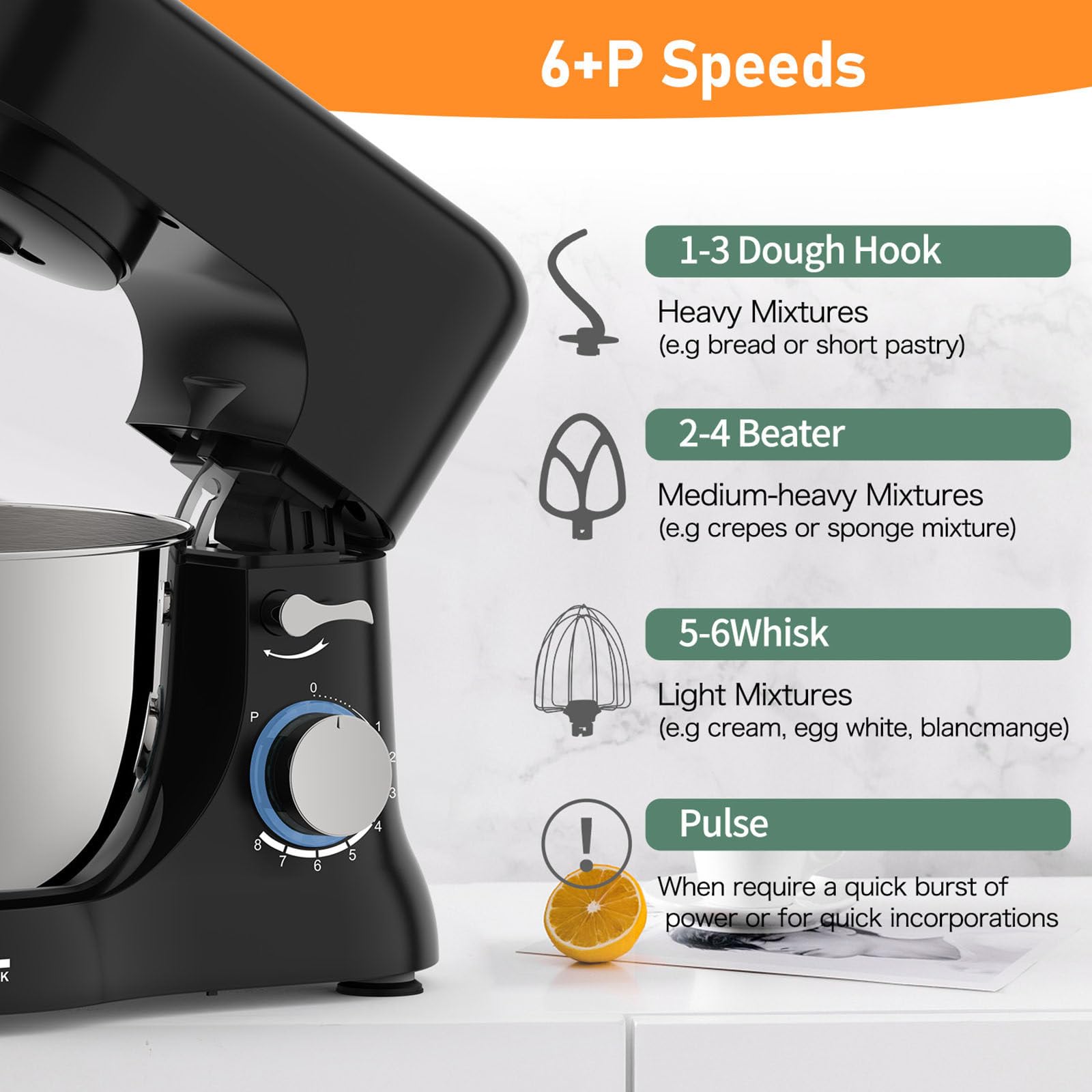 Batidora Eléctrica con Base, 4.5 QT, Gancho para Masa, Accesorios para Batidor Plano, 6 Velocidades con Batidor, para Hornear y la Mayoría de los Cocineros Caseros,110V550W