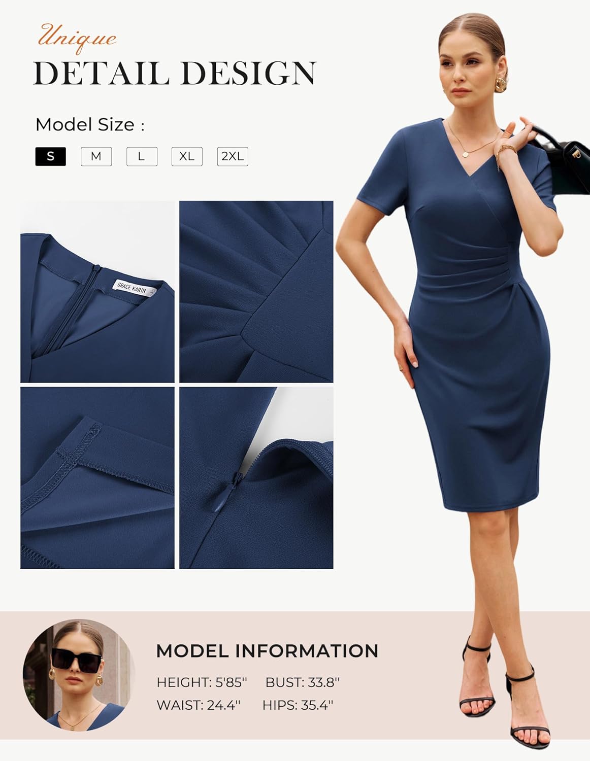 GRACE KARIN Work Dresses for Women 2026 Short Sleeve Elegant Church Dresses Ruched V-Neck Sheath Bodycon Dress - Image 6