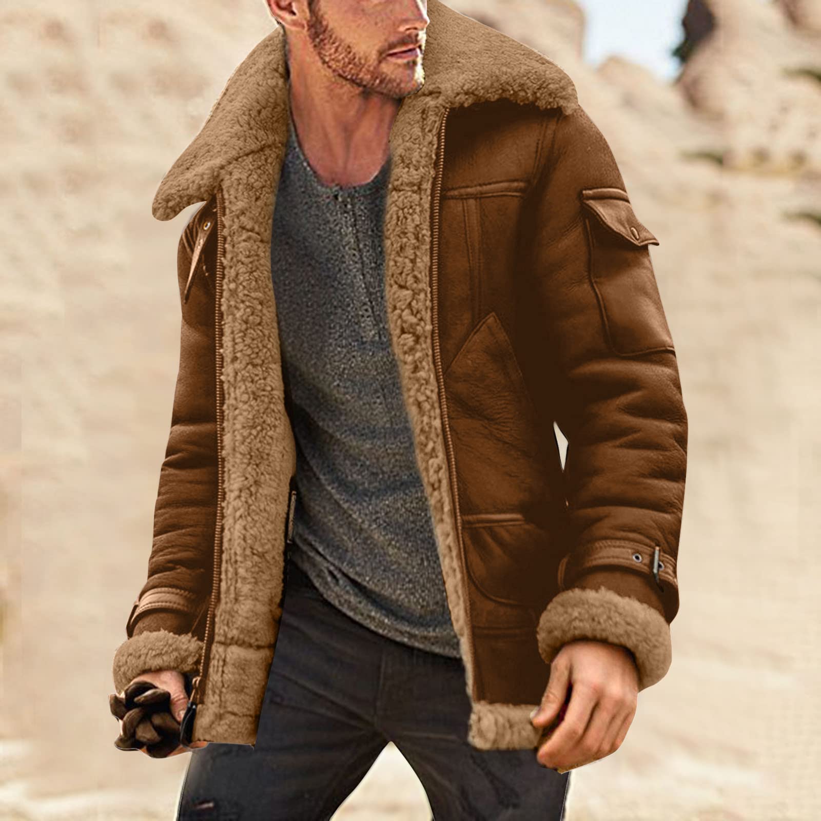 Giacche da camionista da uomo foderate in pile Sherpa con cerniera lampo in velluto di agnello scamosciato, giacche bomber calde in montone
