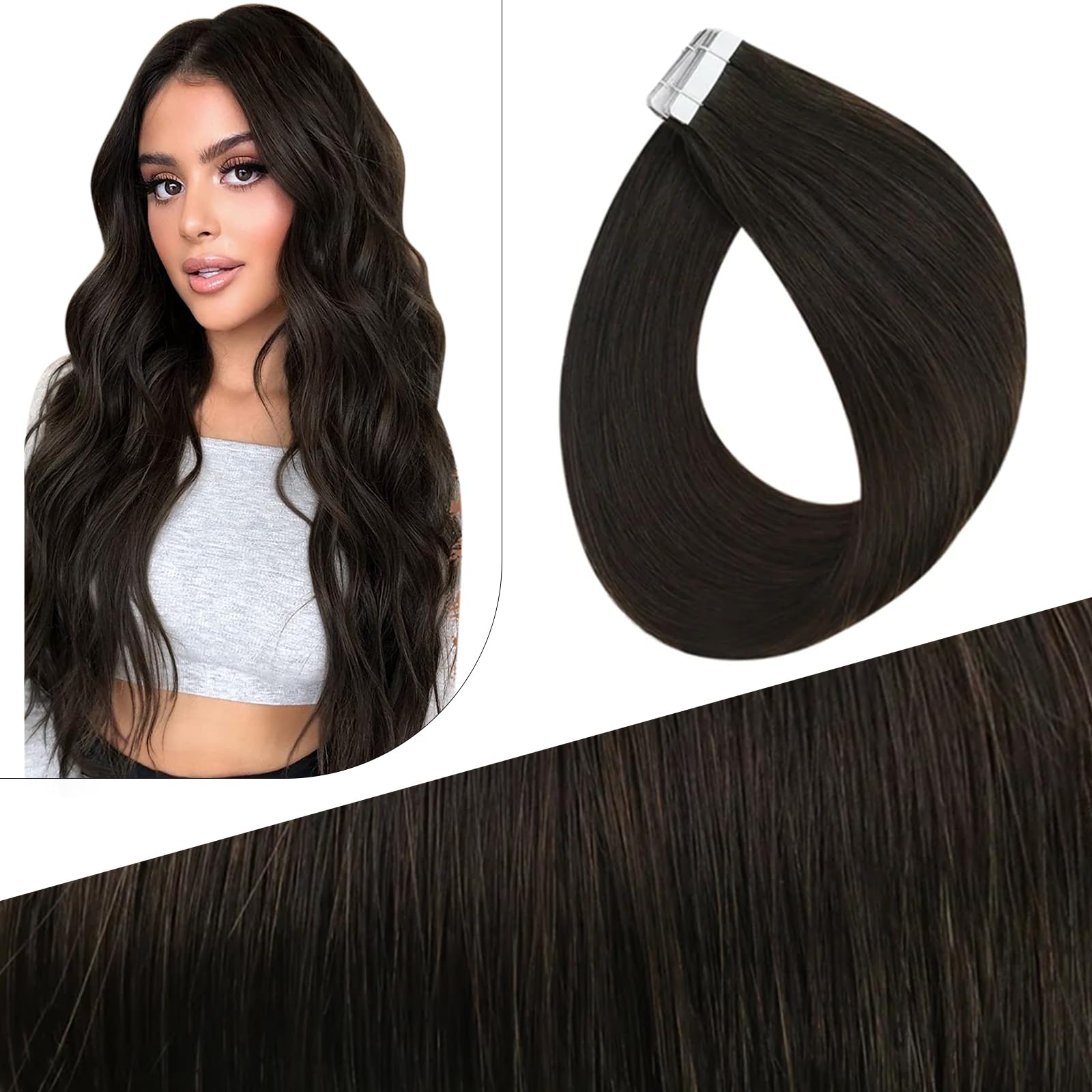 Fshine Extension adesive per capelli veri, 60 cm, 12,5 g, 5 pezzi, invisibili, in capelli veri, colore marrone scuro, 2