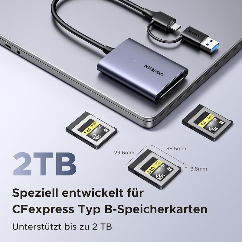 Cititor de carduri UGREEN USB C CFexpress Type B cu porturi USB A și USB C, 10 Gbps, până la 1250 MB/s, carcasă din aluminiu, pentru video 8K, Mac, Windows, Linux, laptop