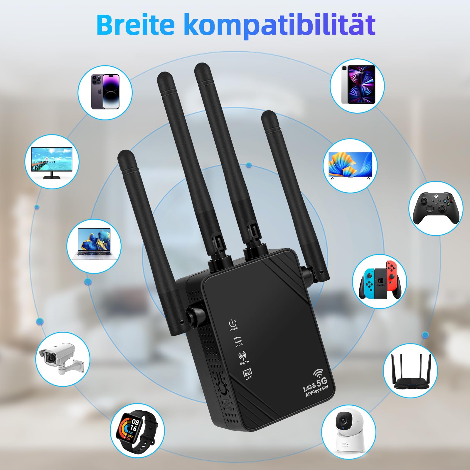 WLAN Verstärker, 1200Mbit/s WLAN Repeater, 5G & 2.4G Dualband Ultraxtender WiFi Verstärker mit LAN anschluss, WPS, Kompatibel mit 99% Standard-WiFi Routern, Deckt bis zu 9200Sq.ft und 35 Geräte