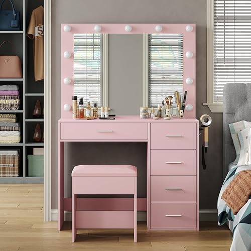FUSOU 37" W Vanity Desk with Power Outlet, Makeup Vanity with Mirror and Lights, 3 Lighting Modes, Vanity Table with Chair for Bedroom, Dressing Room Studio, Pink