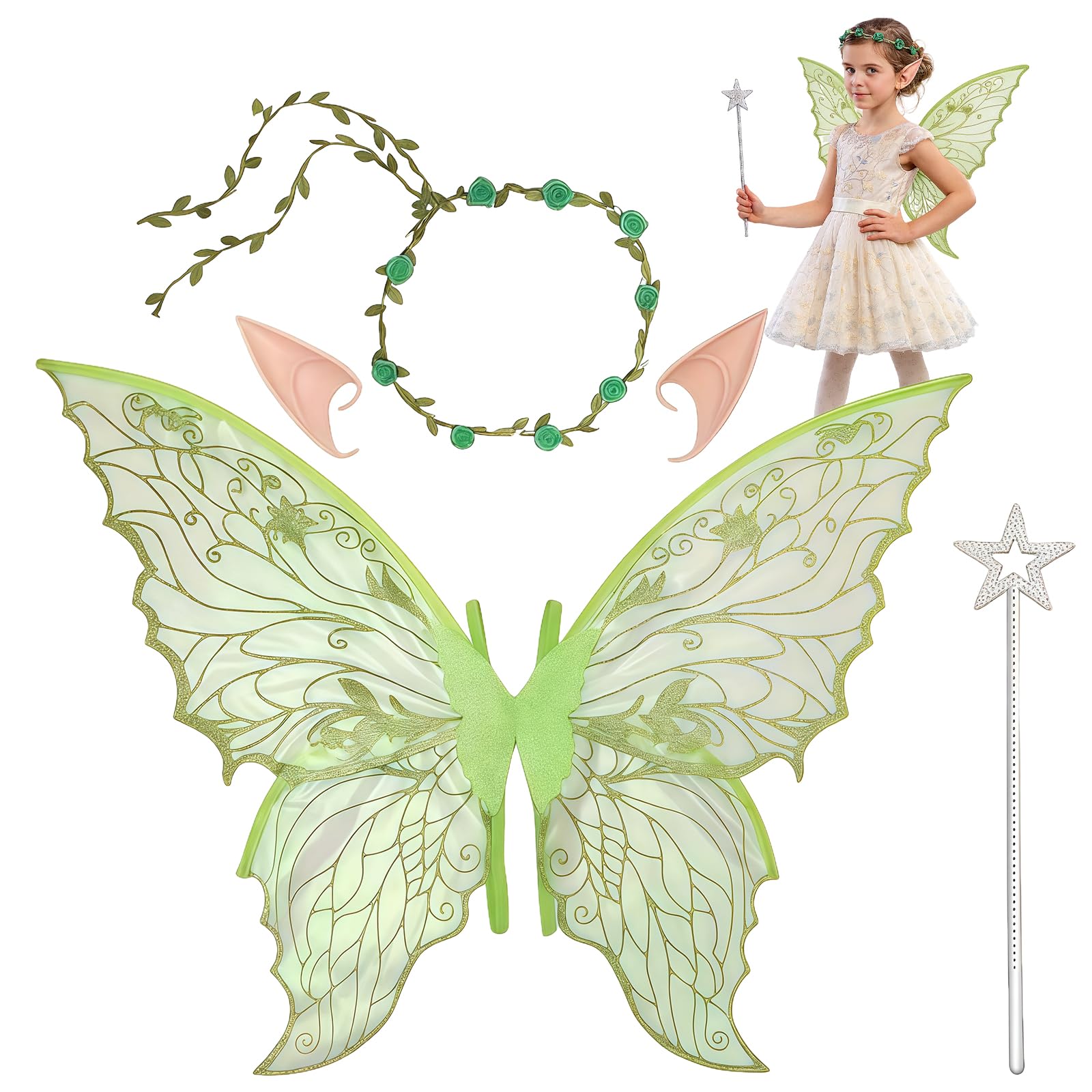 SSKHE 4pcs Fairy Wing Set, Suitable for Girls, Butterfly Wings, Elf Ears, Magic Wand, Headband, Suitable for Adults, Children's Birthdays, Christmas Themed Parties, Halloween (Green)
