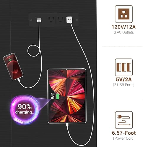 Miniatura 8 de armocity Escritorio para computadora con luces LED, escritorio de 55 pulgadas con toma de corriente y USB, escritorio grande reversible con soporte