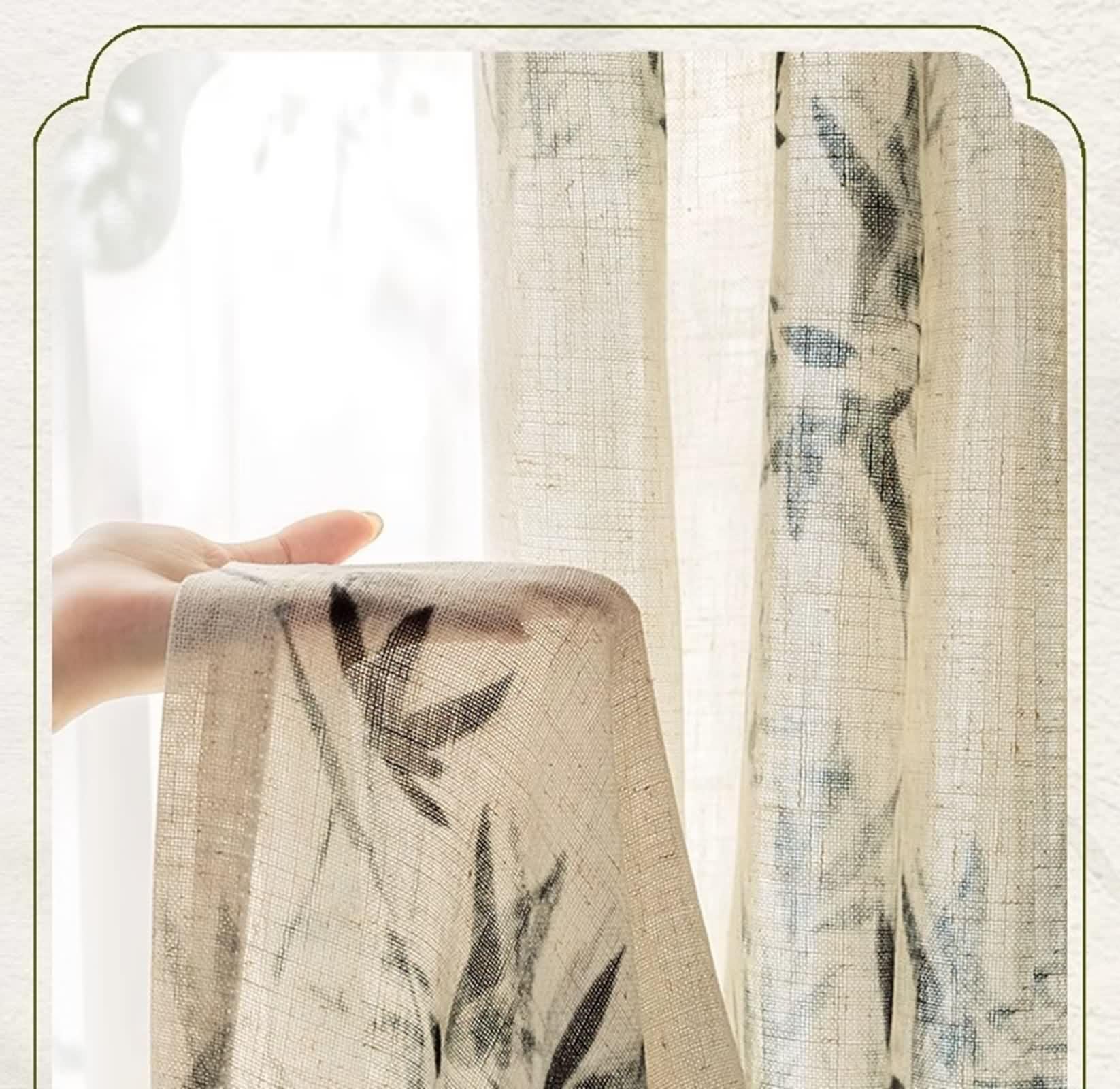Rideau Fenetre Voilage, Lot de 2 Rideau Lin Beige Gris Noir Motif de Feuilles LxH 107x147cm