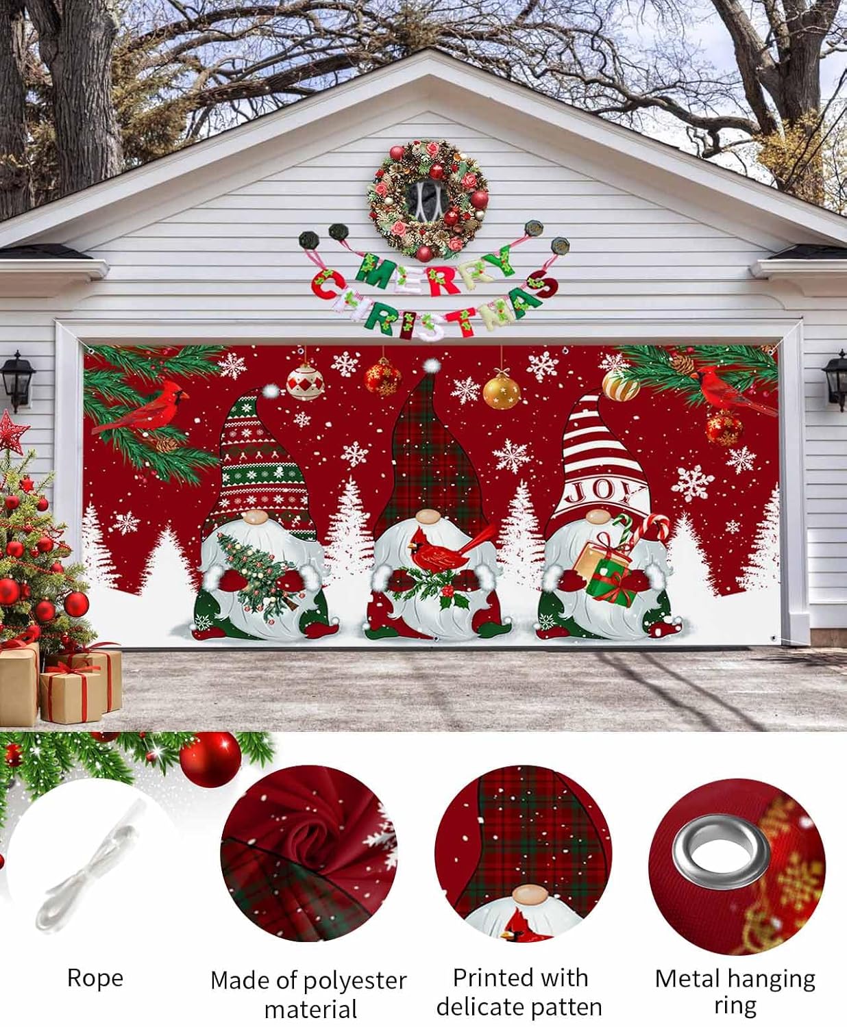 Garage Door Christmas Decorations Banner, Gnome Christmas Garage Door Cover Murals Red Robin Cardinal Bird Holly Pine Tree Photography Backdrop for Xmas Holiday Outdoor Wall Decor,7x8ft