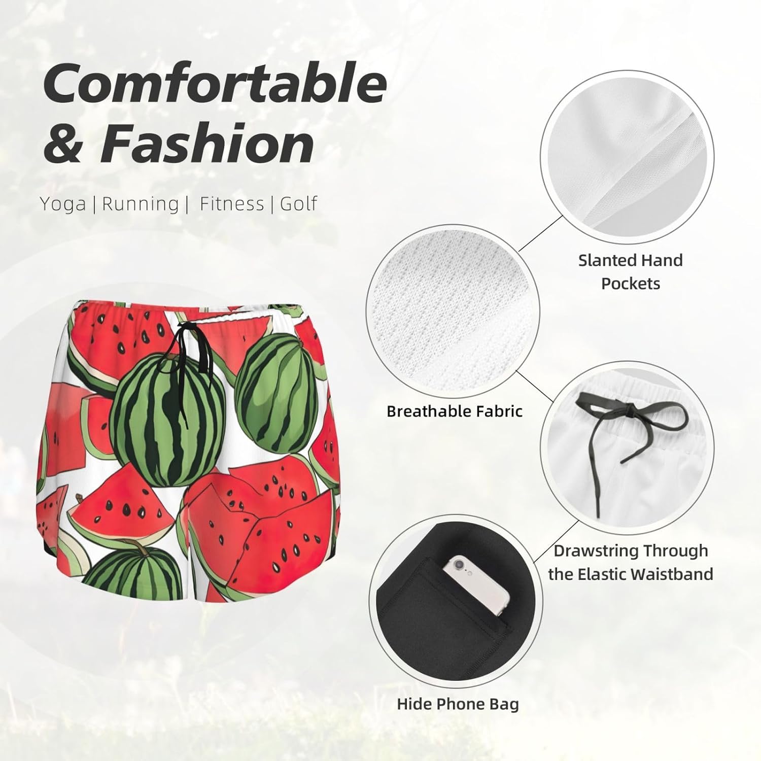 Red Watermelon Print Women's Athletic Shorts,for Running,Yoga and Gym,Stylish Workout Shorts with Pockets