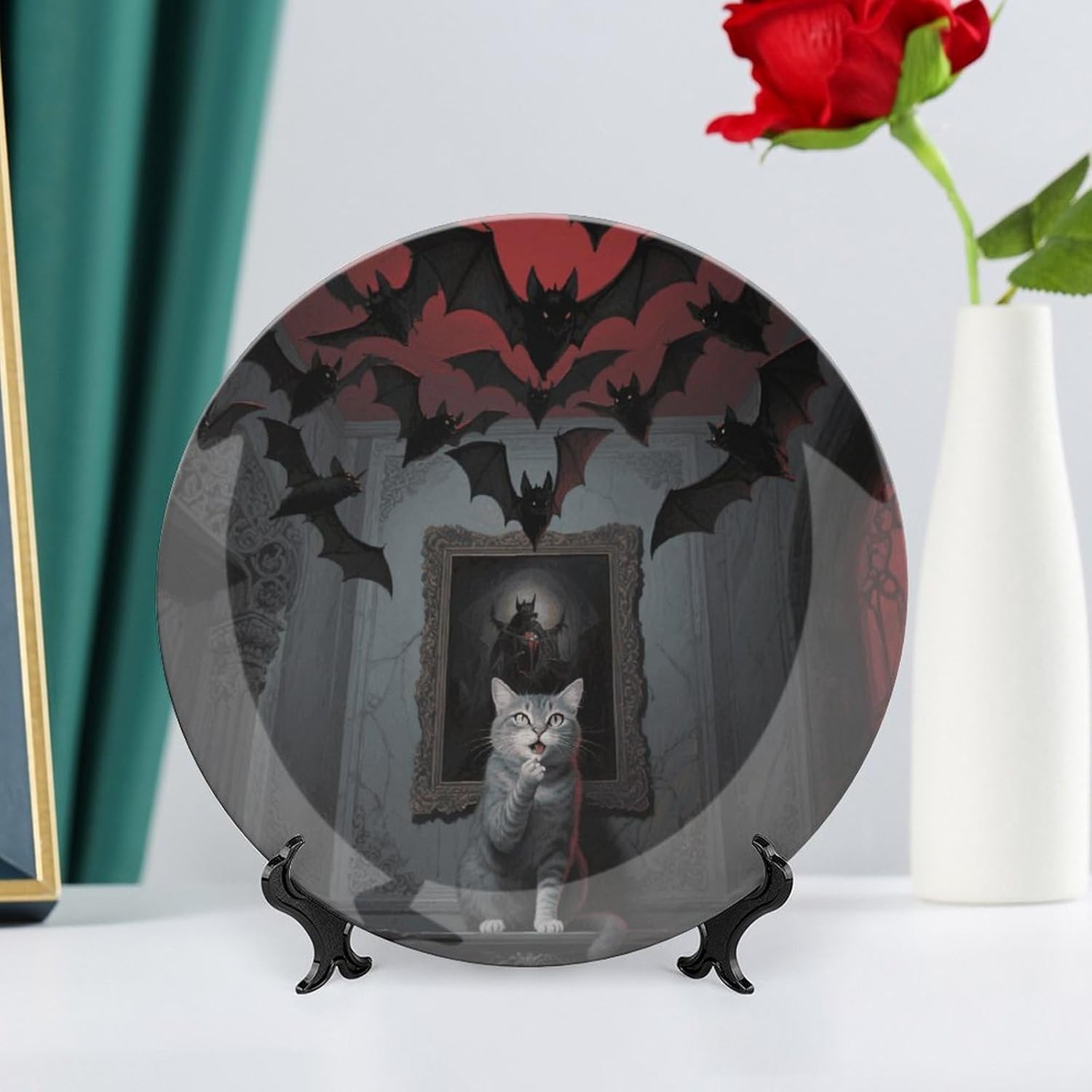 Horror Skull Theme Cat Decorative Plates Ceramic Decorative Plates for Display Bohemian Style Dinner Plate with Display Stand China Plate for Home Decoration 10inch