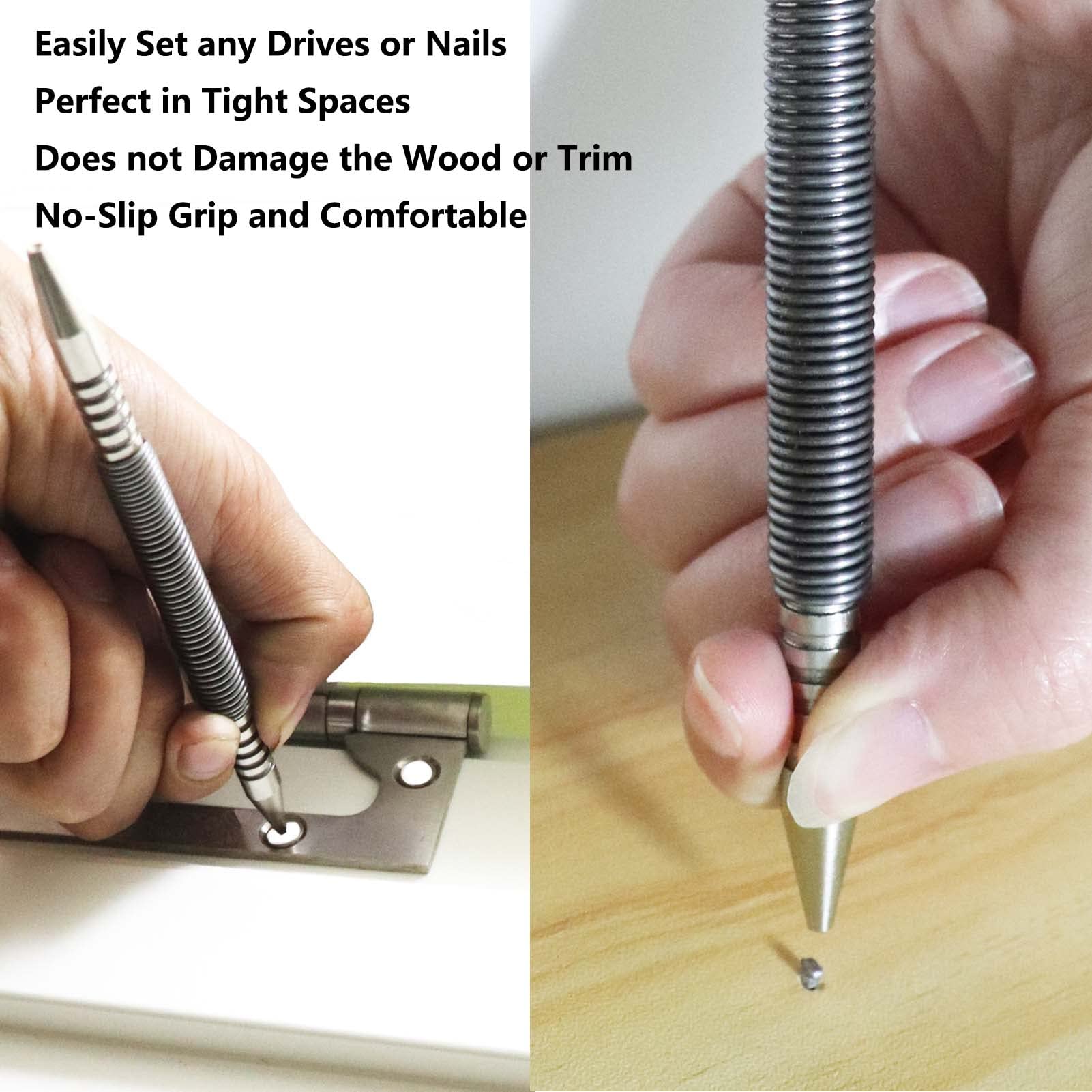 Double Head Combo Nail Setter – 2-Pack, Hammerless Spring Tool, 1/16-3/32-1/8 Sizes For Woodworking