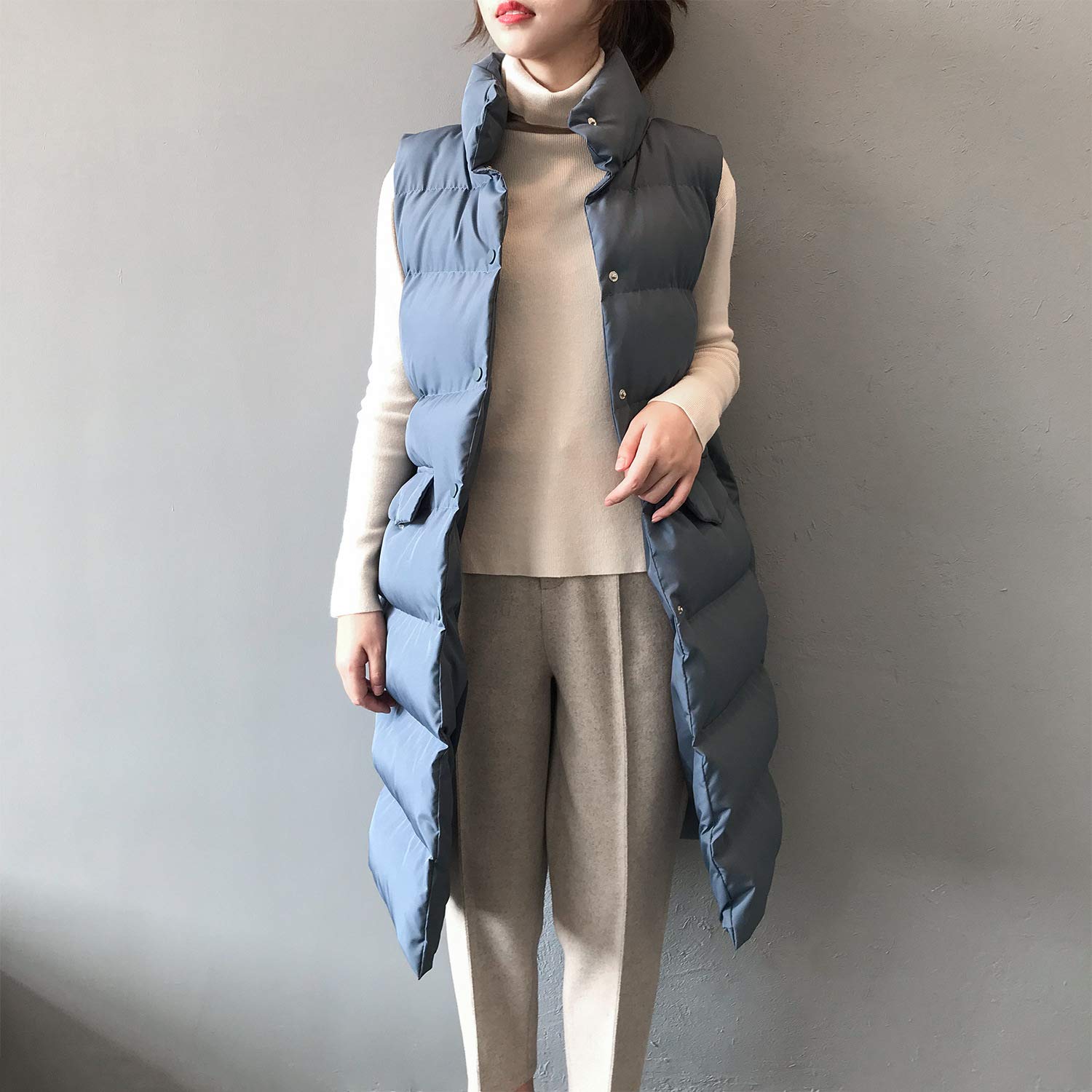 Gilet Invernale Lungo Da Donna, ​Invernale, Senza Maniche, Caldo, Con Tasche, Gilet Invernale Imbottito Lungo Trapuntato Giacca Da Donna Smanicato Piumino,Blu,S