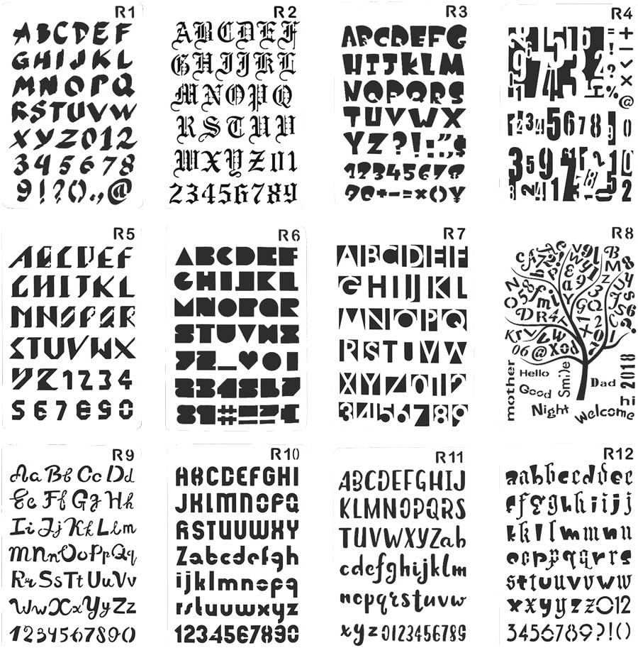 Plastic Number and Letter Stencils Templates Set for Painting and Crafts Set of 12