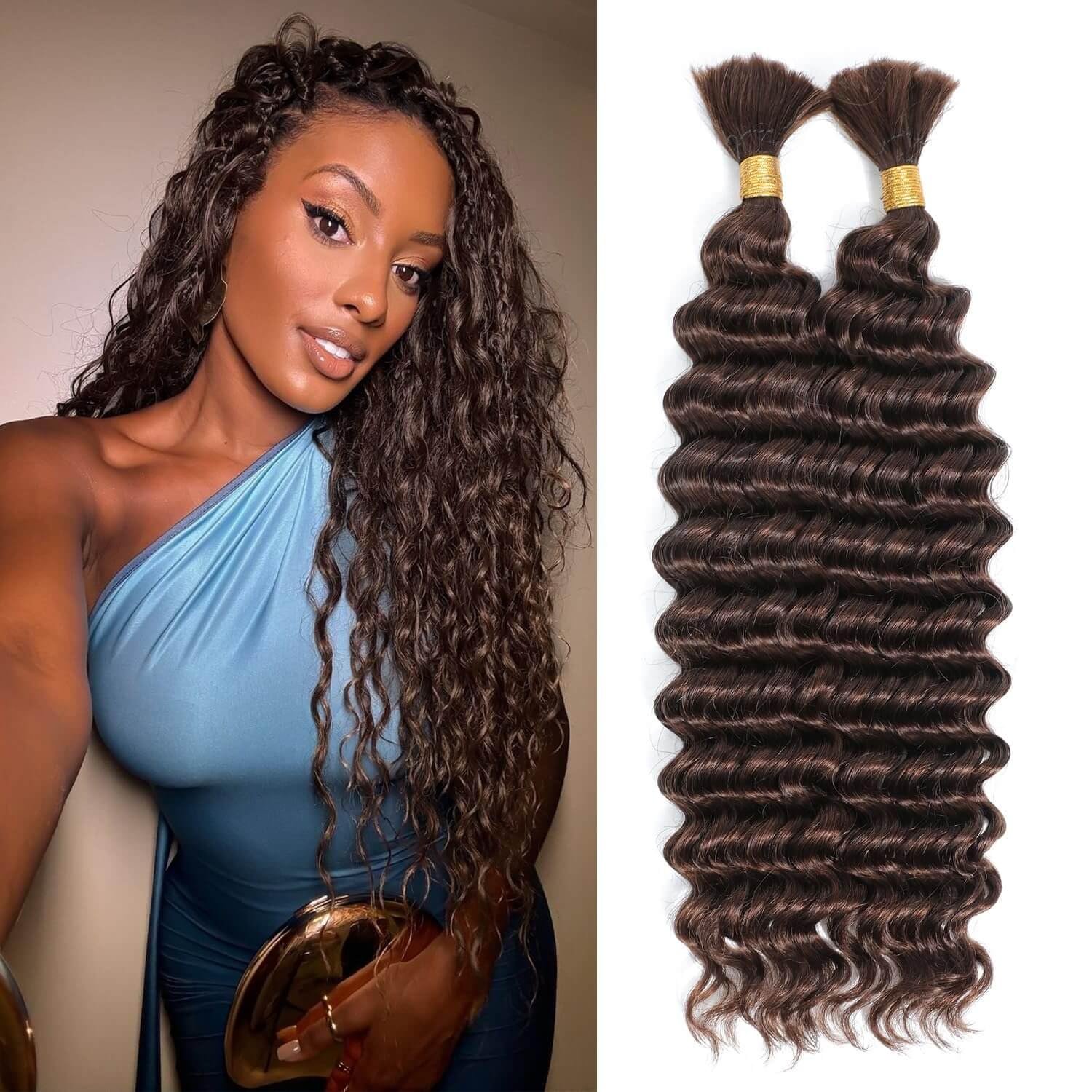Urbeauty Human Braiding Hair - 18 Inch Deep Wave Curly Bulk Boho Braids, Medium Brown #4 for Boho Island Twist, Locs, Box, Bohemian Gypsy Goddess
