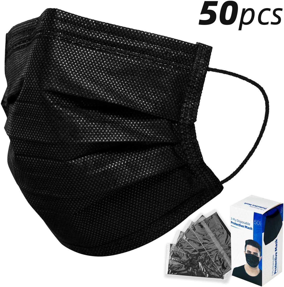 Lamy 50 PCS Face Masks Disposable for Protection Earloop Black 3 Ply Breathable Face Mask for Man and Woman