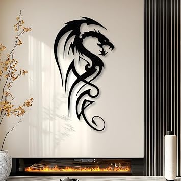 kuestboy Dragon Metal Wall Art, Black Finish Fantasy Creature Decor for Wall, Hand Forged Medieval Mythological Decor for Men Cave, Game Room, Home Office 30" x 16" / 76x42cm