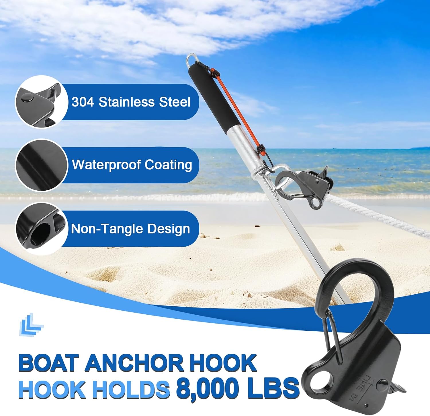 Leero 32”/39" Sand Spike Boat Anchor with 3/8" Stainless Steel Anchor Hook and Accessory Pouch, Self-Hammering Beach Spike Anchor for Small Boats, Jet Skis, etc. in Shallow Waters, Beaches