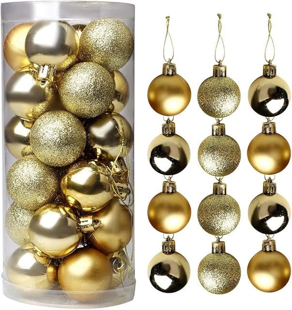 nuoshen 24 Pcs 40x40mm Christmas Baubles Gold, Golden Bauble Gold Christmas Tree Decorations Plastic Hanging Decorations for Xmas Halloween Thanksgiving Day