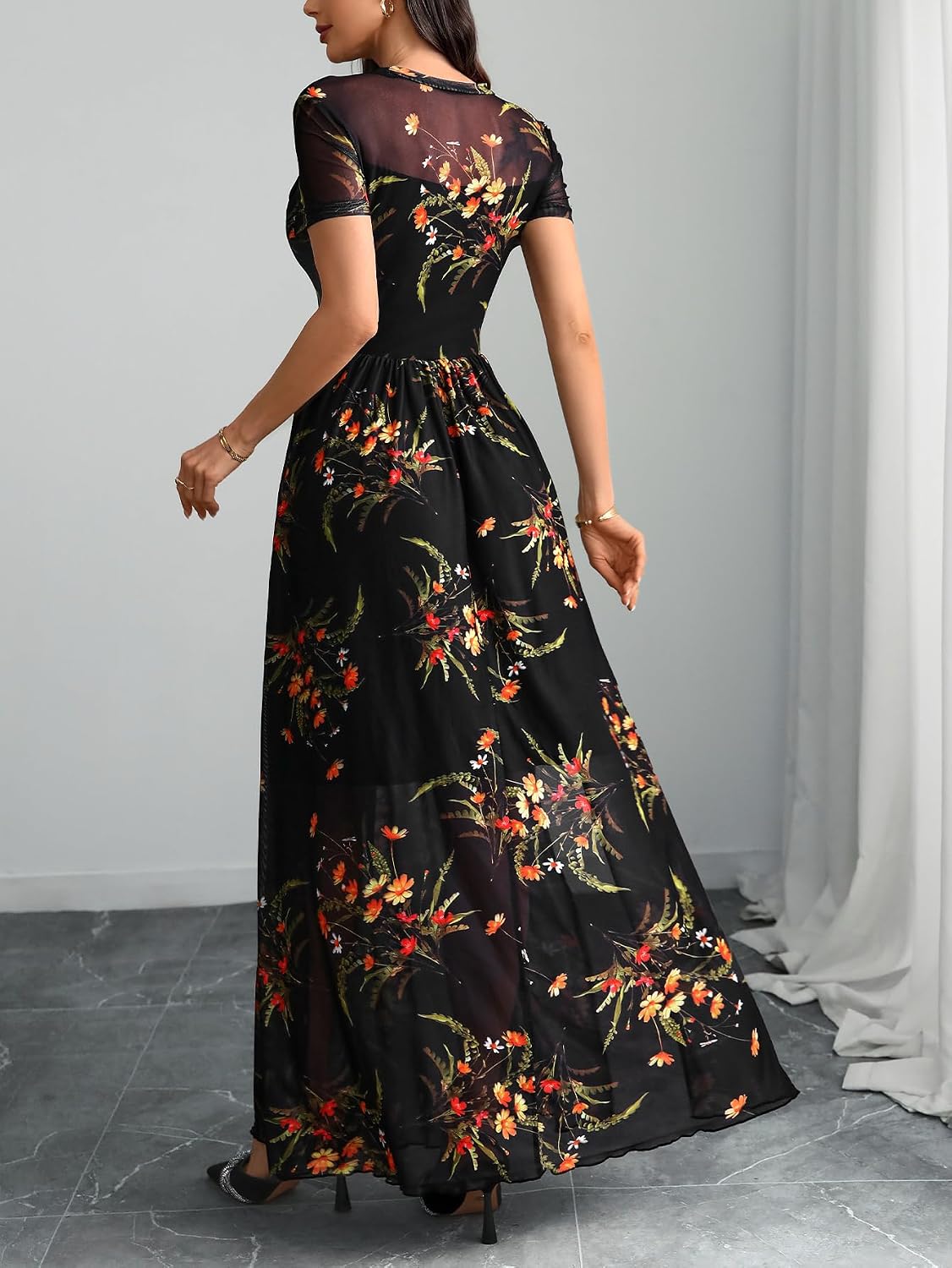 GothDark Women's Floral Mesh Short Sleeve Wedding Guest Maxi Dress image 4