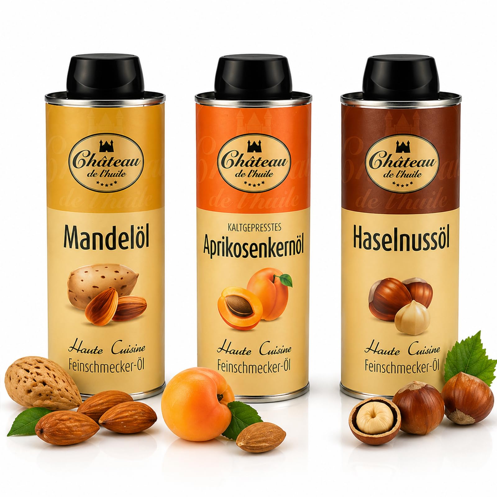 Château de l’huile Back-Set 3er – Premiumöl-Set, Gourmet Öl Geschenkset | Mandelöl, Aprikosenkernöl & Haselnussöl – Kaltgepresst & geröstet – Ideal zum Backen, Verfeinern & Genießen