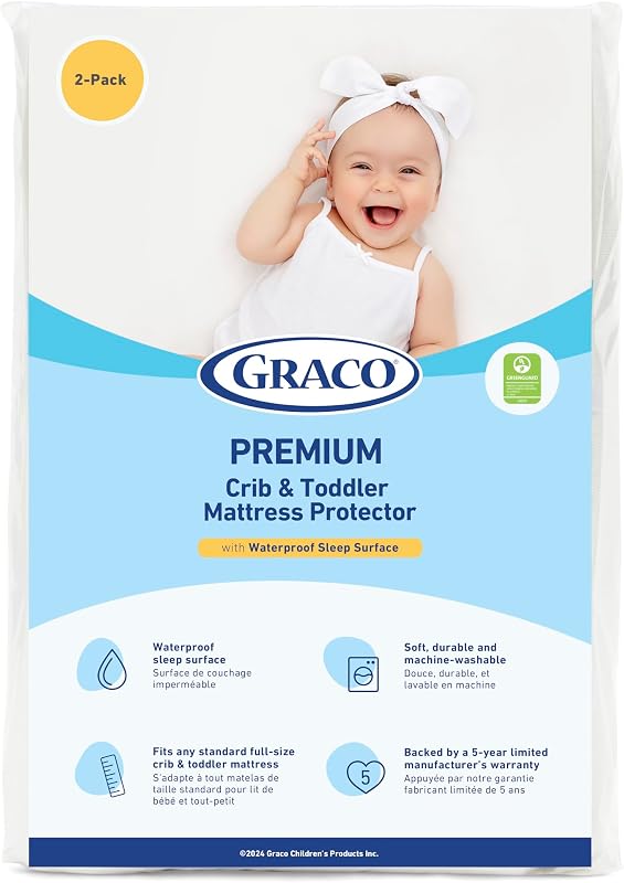 Premium Waterproof Crib and Toddler Mattress Protector, 2 Pack | GREENGUARD Gold Certified, Machine-Washable & Dryer-Friendly, Waterproof Sleep Surface, Fits Baby Crib & Toddler Bed Mattress