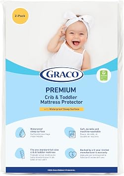 Graco Premium Waterproof Crib and Toddler Mattress Protector 2 Pack GREENGUARD Gold Certified, Machine-Washable & Dryer-Friendly, Waterproof Sleep Surface, Fits Crib & Mattress