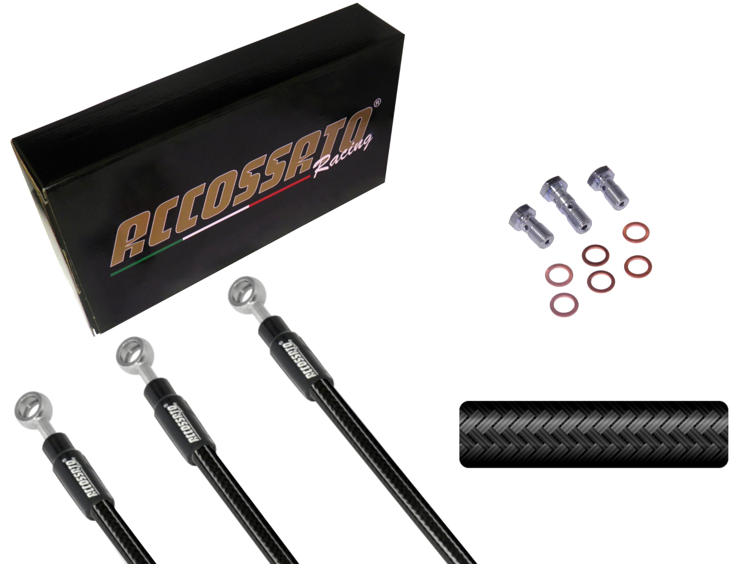 ACCOSSATO Kit Tubi Freno Nero Carbon Compatibile con Yamaha TMAX dal 2022 al 2024 (CC 560) - Layout S, Sostituisce Il Tubo Rigido, N° Tubi: 5