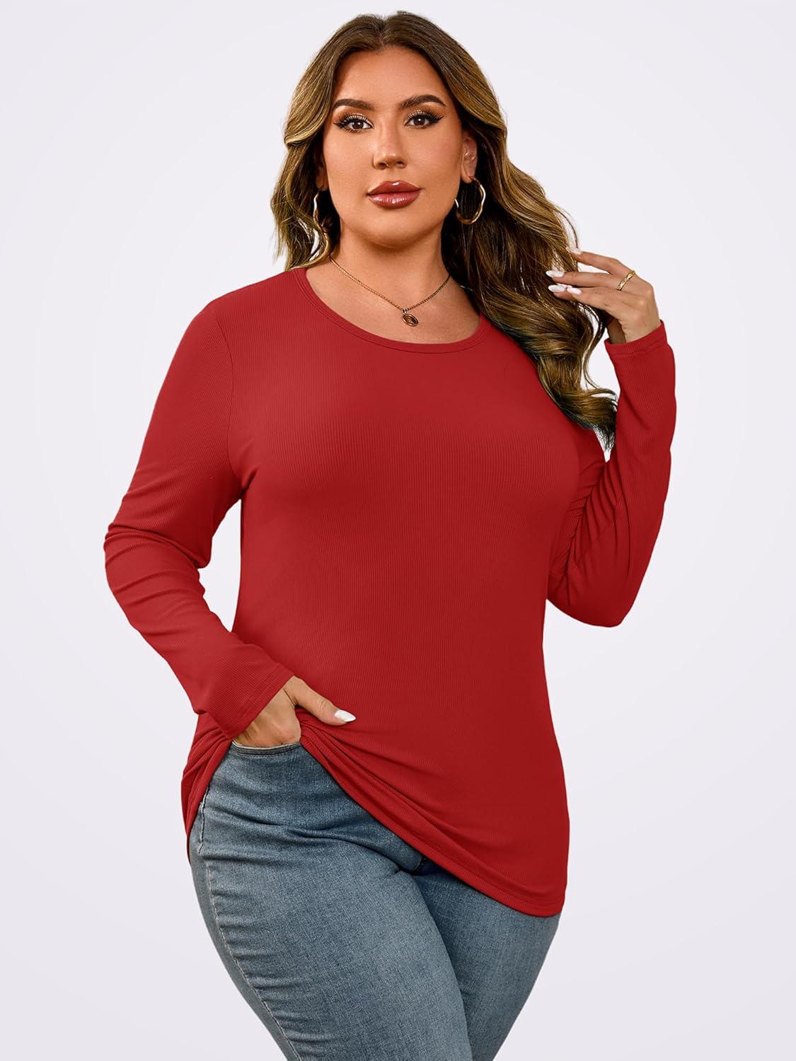 Chulianyouhuo Women Plus Size Tops Long Sleeve Ribbed Knit Shirts Fall Fitted Basic Tee Going Out Tops Casual Outfits - Image 4