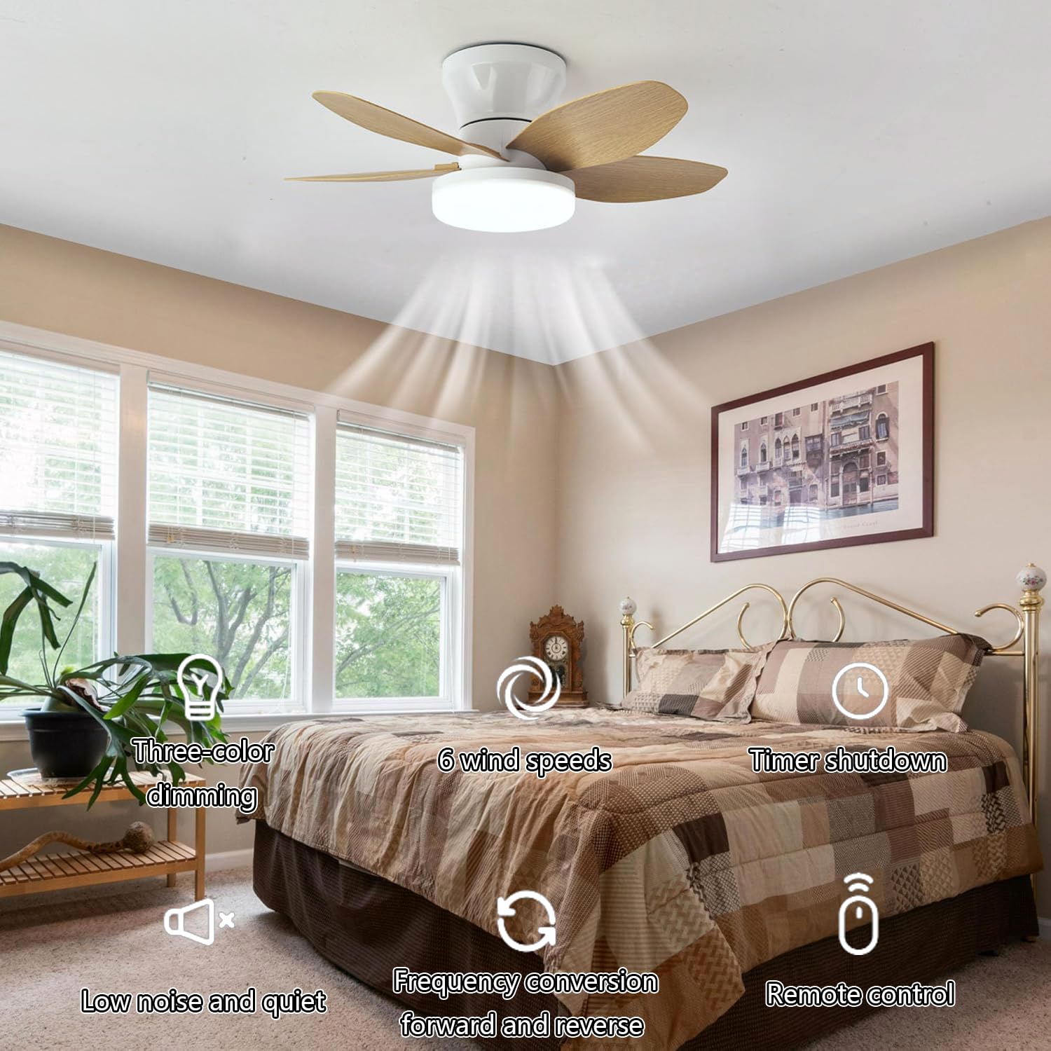 LED Ventilateur Plafond avec Lumiere Plafonnier Dimmables Ventilateur Plafond avec Telecommande Silencieux Ventilateurs de Plafond avec Éclairage pour Chambre Salon Cuisine Chambre (Chêne)