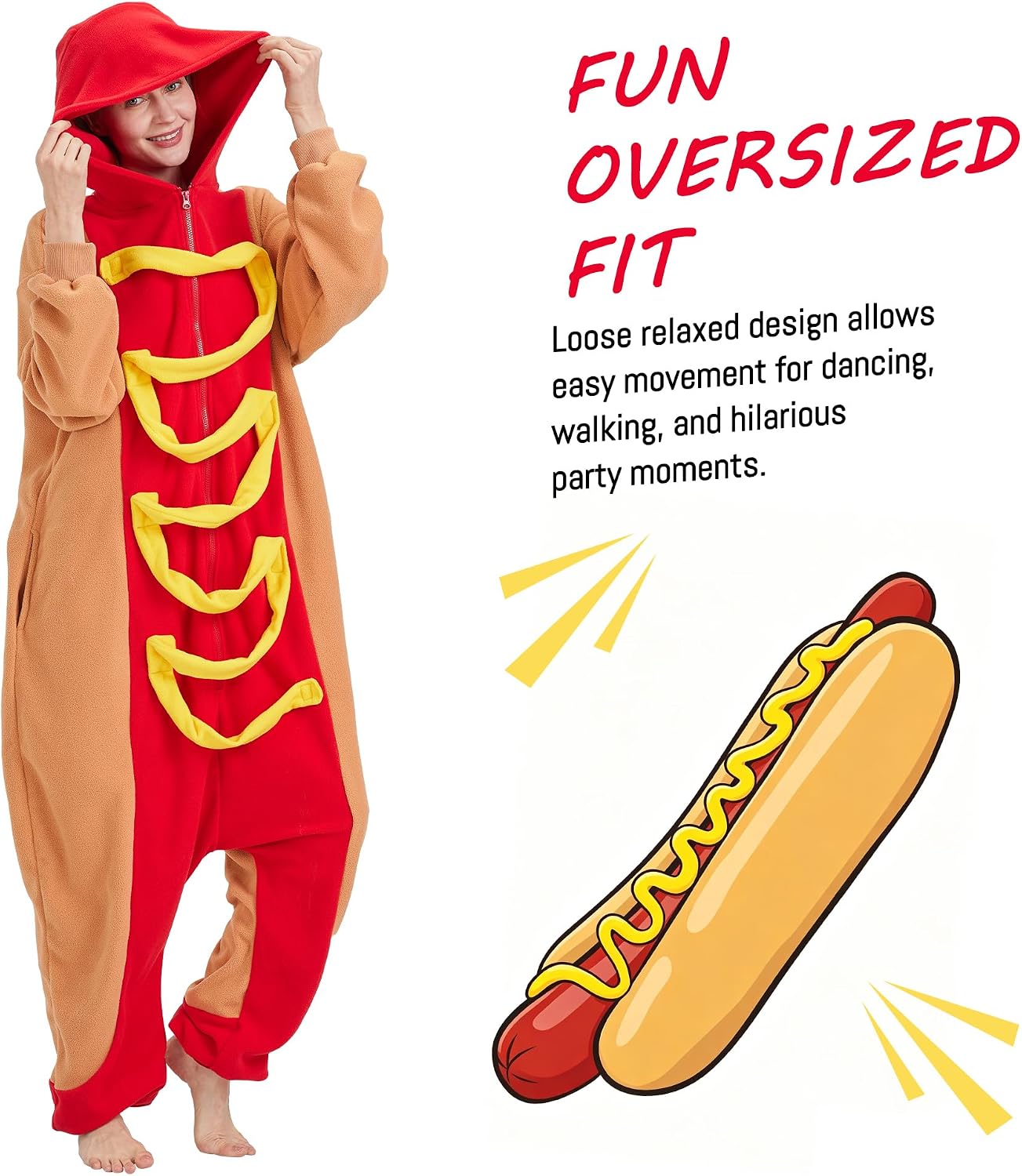 Adult Hot Dog Onesie Costume - Funny Food Pajamas with Mustard Strip, Halloween Hotdog One-Piece Cosplay Outfit