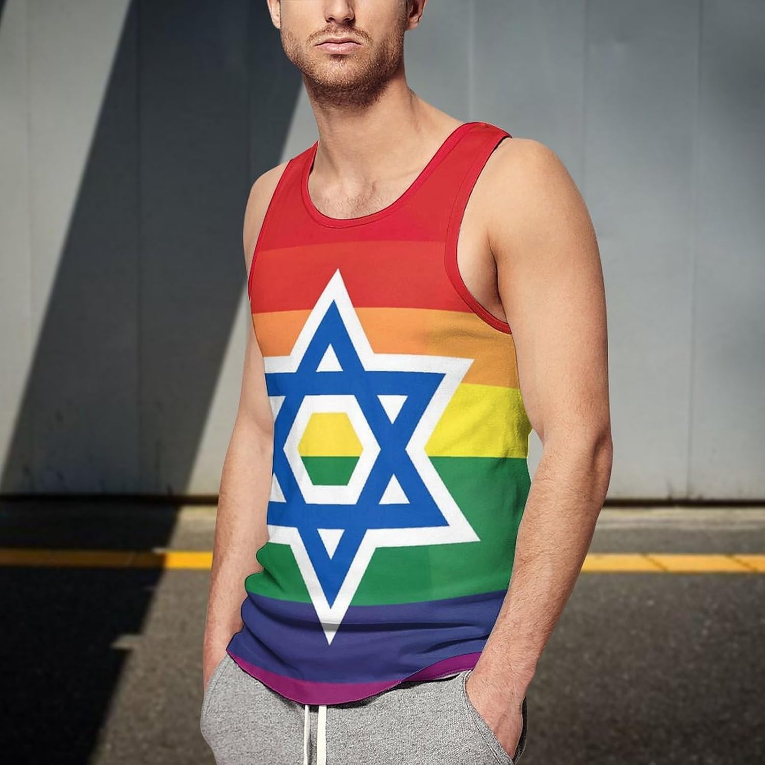 Israel LGBTQ Rainbow Flag Gay Men's Tank Top Sleeveless Muscle Shirts Vest Beach T Shirts for Workout Gym