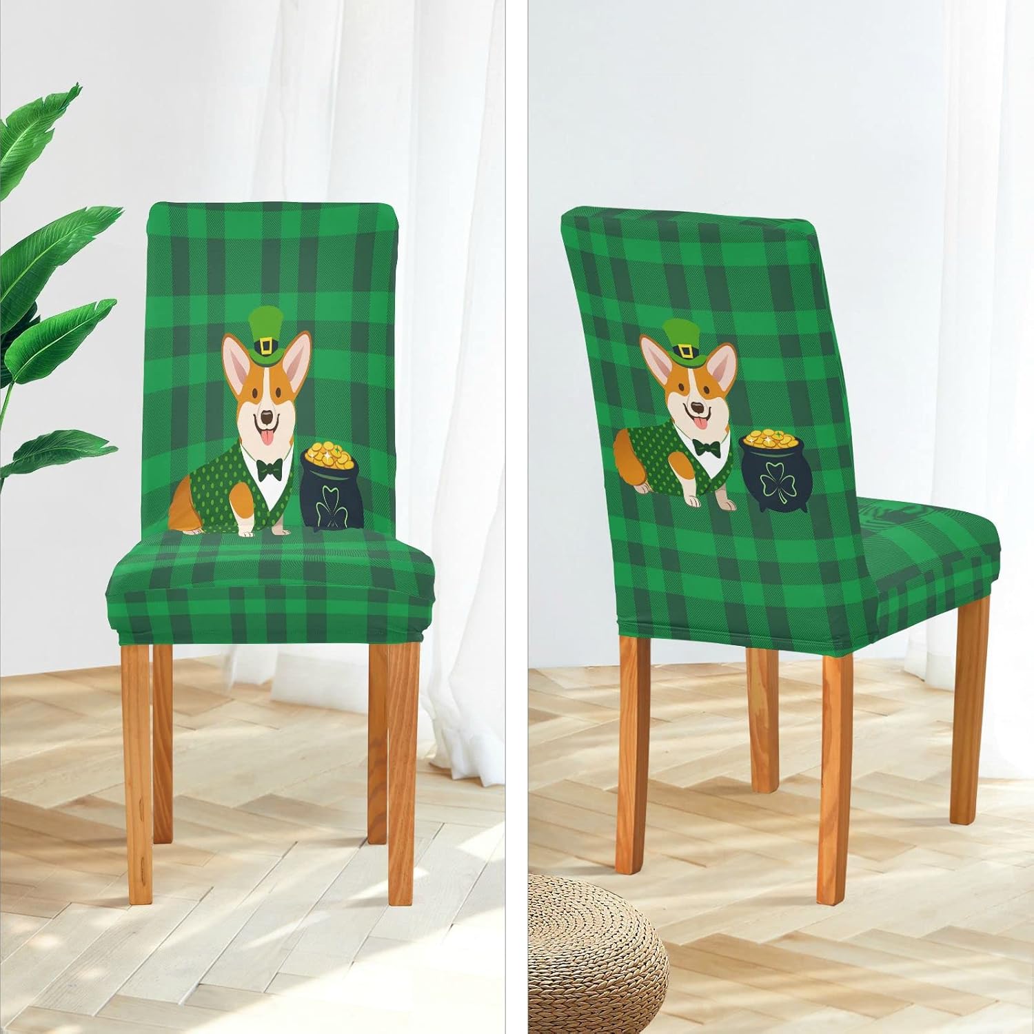Patricks Day Corgi Dog Dining Room Chair Covers Green Buffalo Check Chair Slipcovers Stretch Seat Protector Removable Chair Cover For Home Kitchen Restaurant Hotel 4pcs