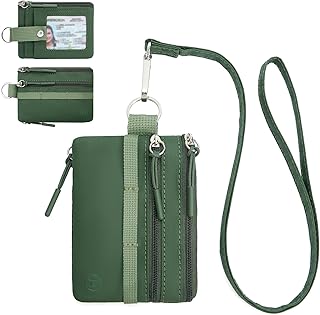 Small Wallet RFID, Minimalist Zip ID Case Wallet with Lanyard Keychain, Water Resistant Card Wallets for women & Men, Green