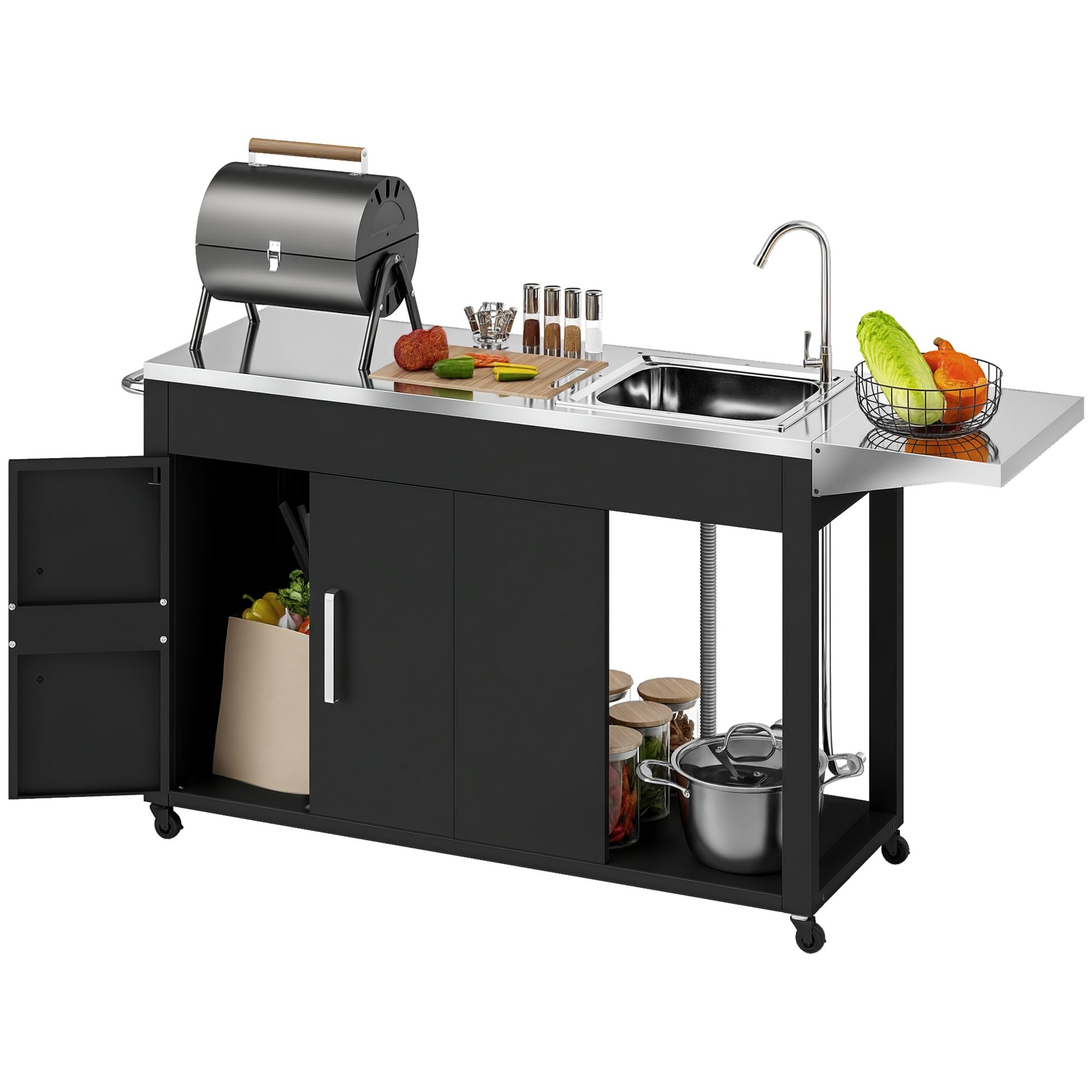 Outsunny Grillwagen Servierwagen mit Arbeitsfläche Seitenblatt Schrank Spüle Räder, BBQ Grilltisch aus Edelstahl, Outdoor Grill Beistelltisch für Garten, Terrasse, Grill 162,5 x 47 x 87cm Schwarz