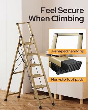 6 Step Ladder for 12 Feet High Ceiling, Lightweight Aluminum Folding Step Stool with Convenient Handgrip, Stepladders with Anti-Slip and Wide Pedal for Home Use Space Saving - Gold