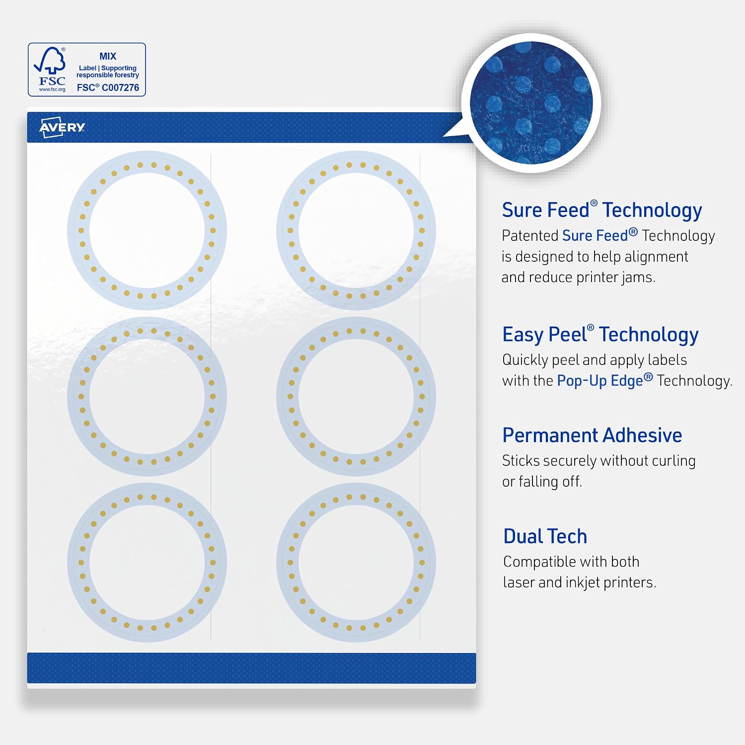 Avery Printable Round Labels, 3" Diameter, Glossy White, Pre-Printed Blue Border/Gold Dots Design, Sure Feed Technology, Laser & Inkjet Compatible, 120 Total