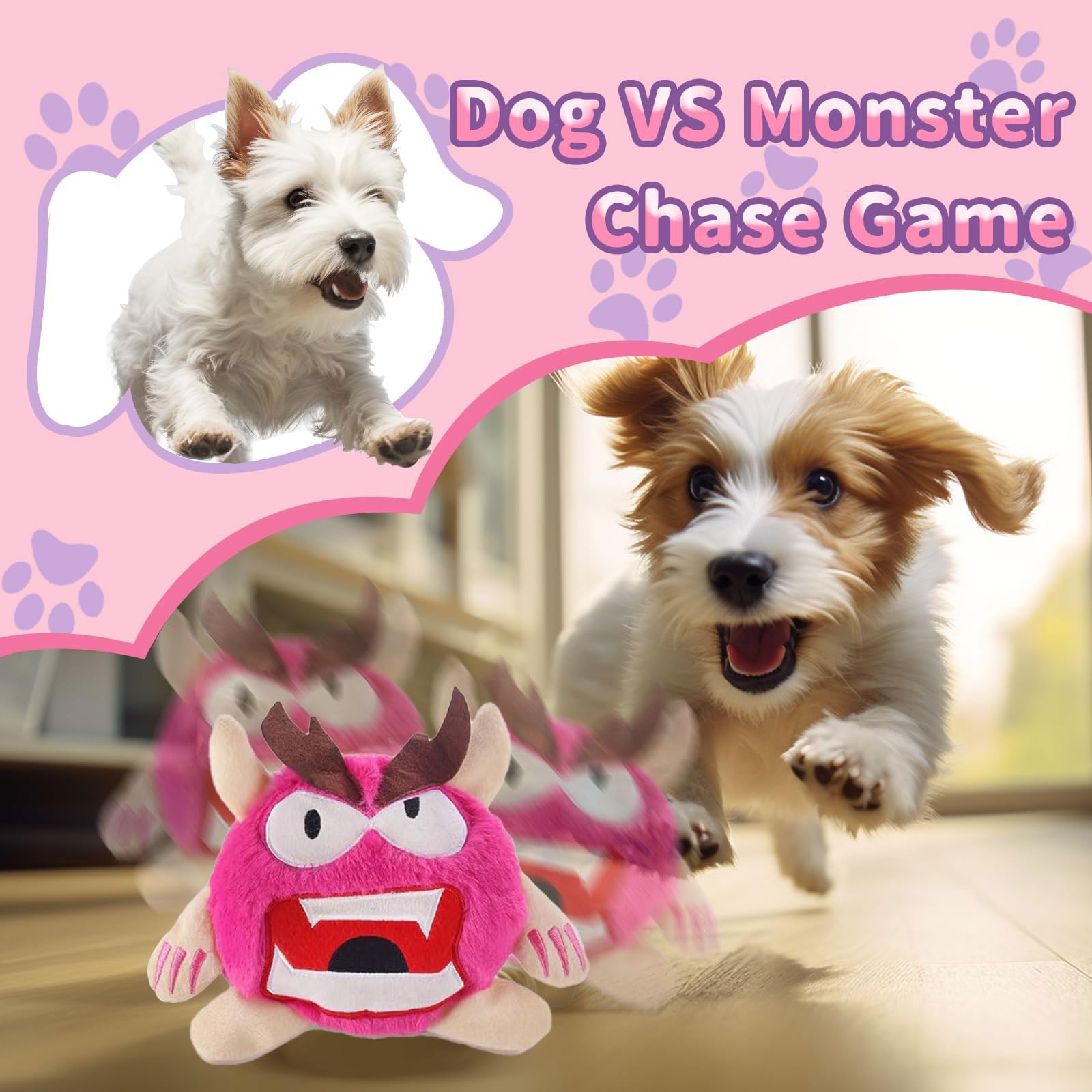 Jouets interactifs pour chien pour l'ennui - Balle en peluche interactive en forme de monstre - Jouet couineur pour chien - Jouet électronique d'exercice pour chiot - Rose