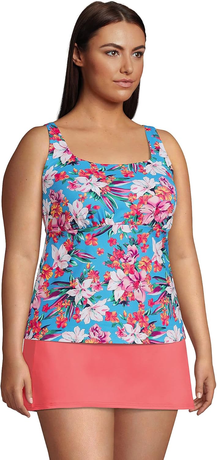 Lands' End Womens Chlorine Resistant Square Neck Tankini Top Turquoise Lily Palm Plus 18w