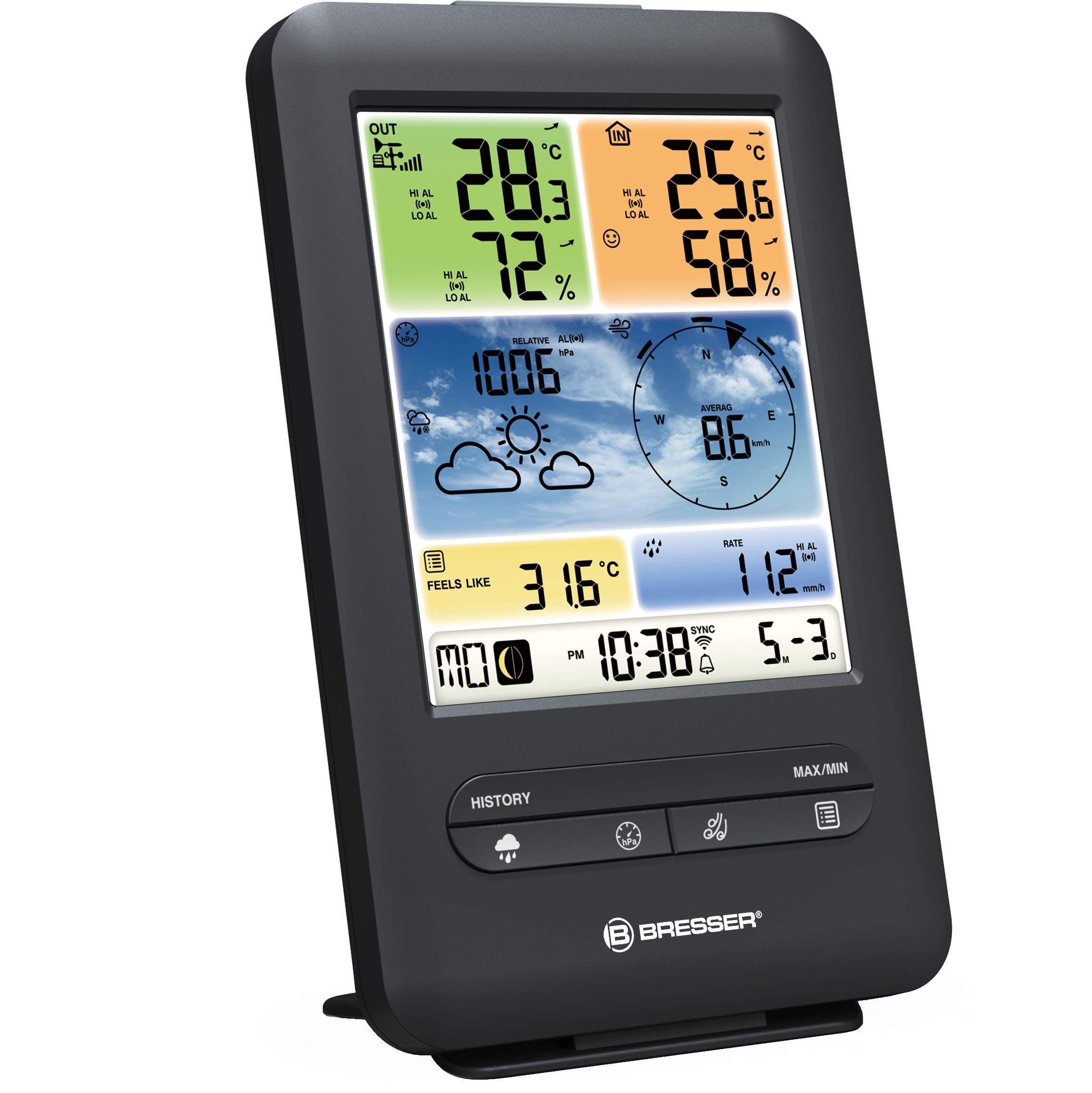 Bresser Draadloos weerstation met buitensensor, wifi, 5-in-1 met buitensensor voor temperatuur, luchtvochtigheid, luchtdruk, windmeter en regenmeter, zwart