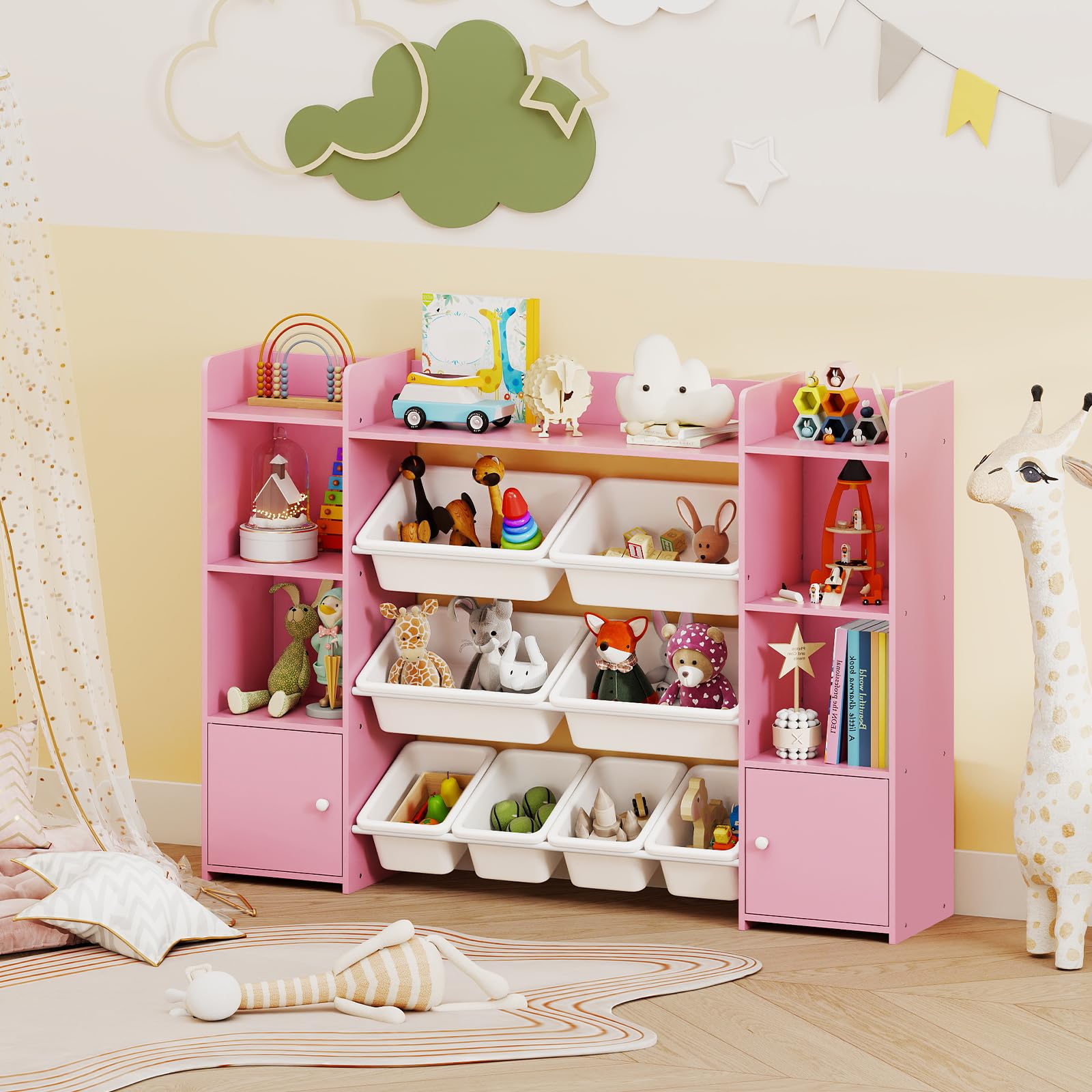 GOPLUS Mueble Almacenaje Juguetes, Estantería Infantil de 4 Niveles con 6 Compartimentos y 8 Cajas Extraíbles, Organizador Juguetes para Salón, Dormitorio 142 x 30 x 100 cm(Blanco) (Rosa)