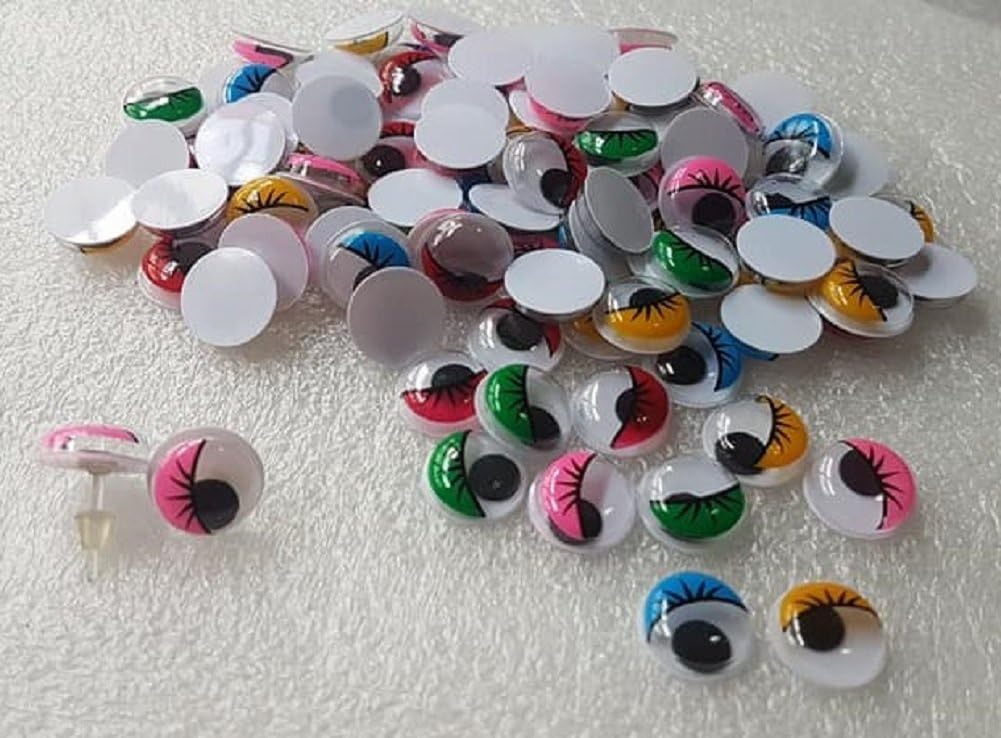 Kocraft Wiggle Googly Color Eyes Sz 12 mm 100 Pcs/Bag Assorted - Non Self Adhesive Round Plastic - Giant Wiggly Googly Sticky Eyes Decorating Crafts Doll Fun Googlies Eye for Scrap Booking Book