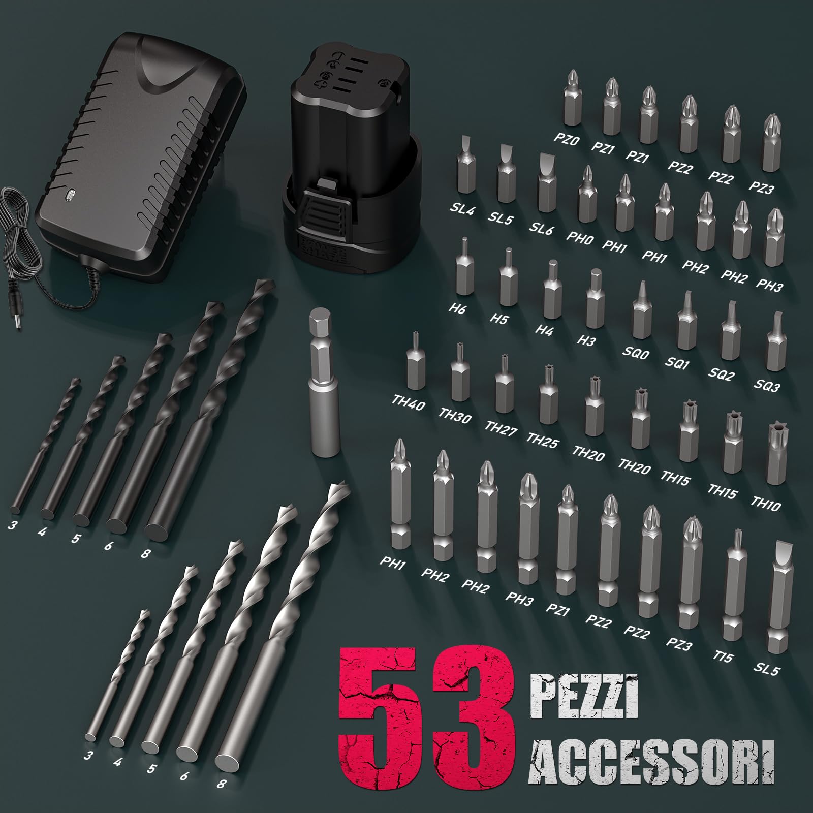 HYCHIKA Set di avvitatore e trapano a batteria 16,8V, motore senza spazzole, 45Nm max, 23+1 coppie di coppia, 53 pezzi, 2 velocità, luce LED, batteria da 1500mAh, cacciavite elettrico senza fili