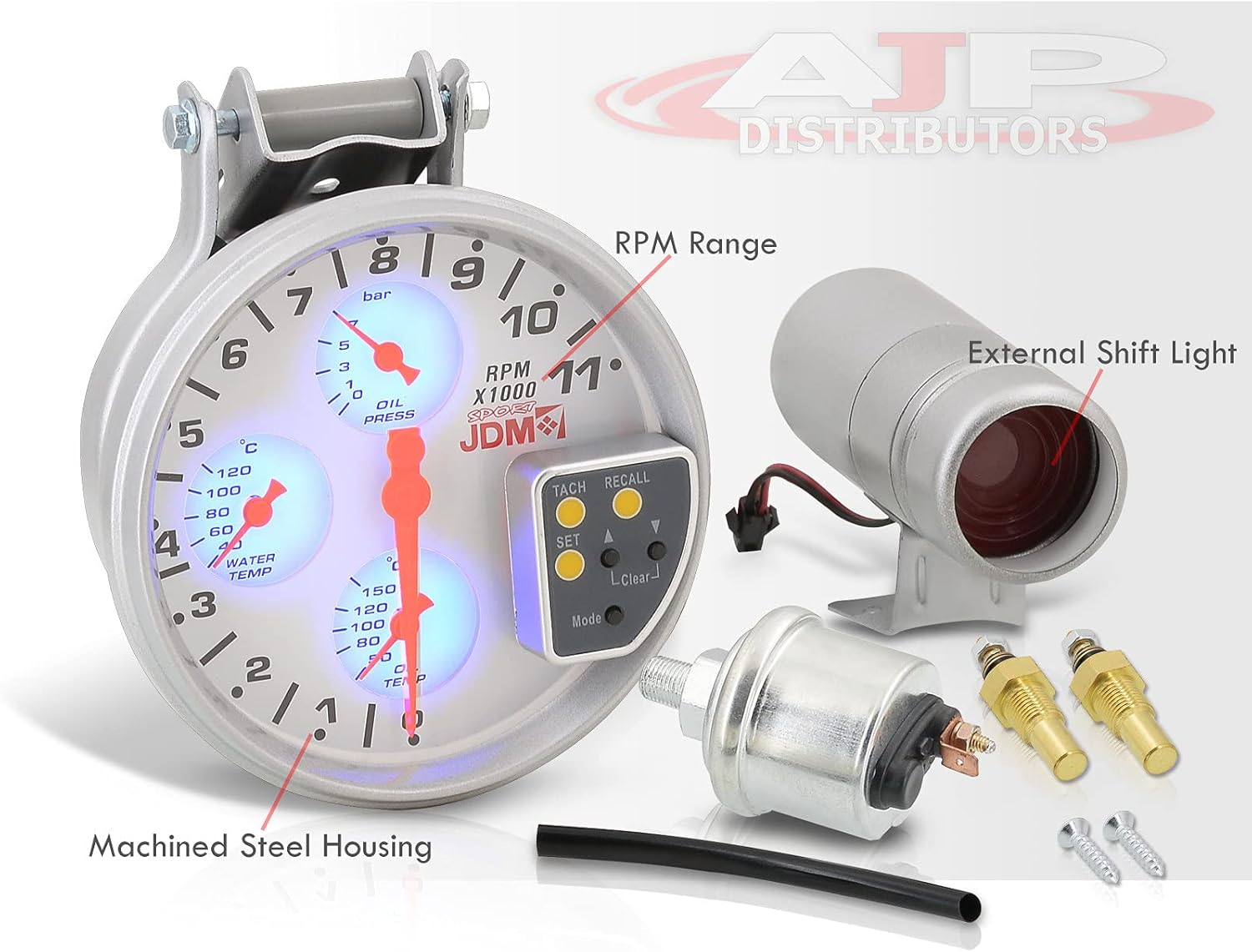 AJP Distributors Universal JDM Sport 5" White Face 4-in-1 Tachometer 11K RPM Tach Gauge w/Oil/Water Temperature Pressure + External Adjustable LED Shift Light Replacement Upgrade