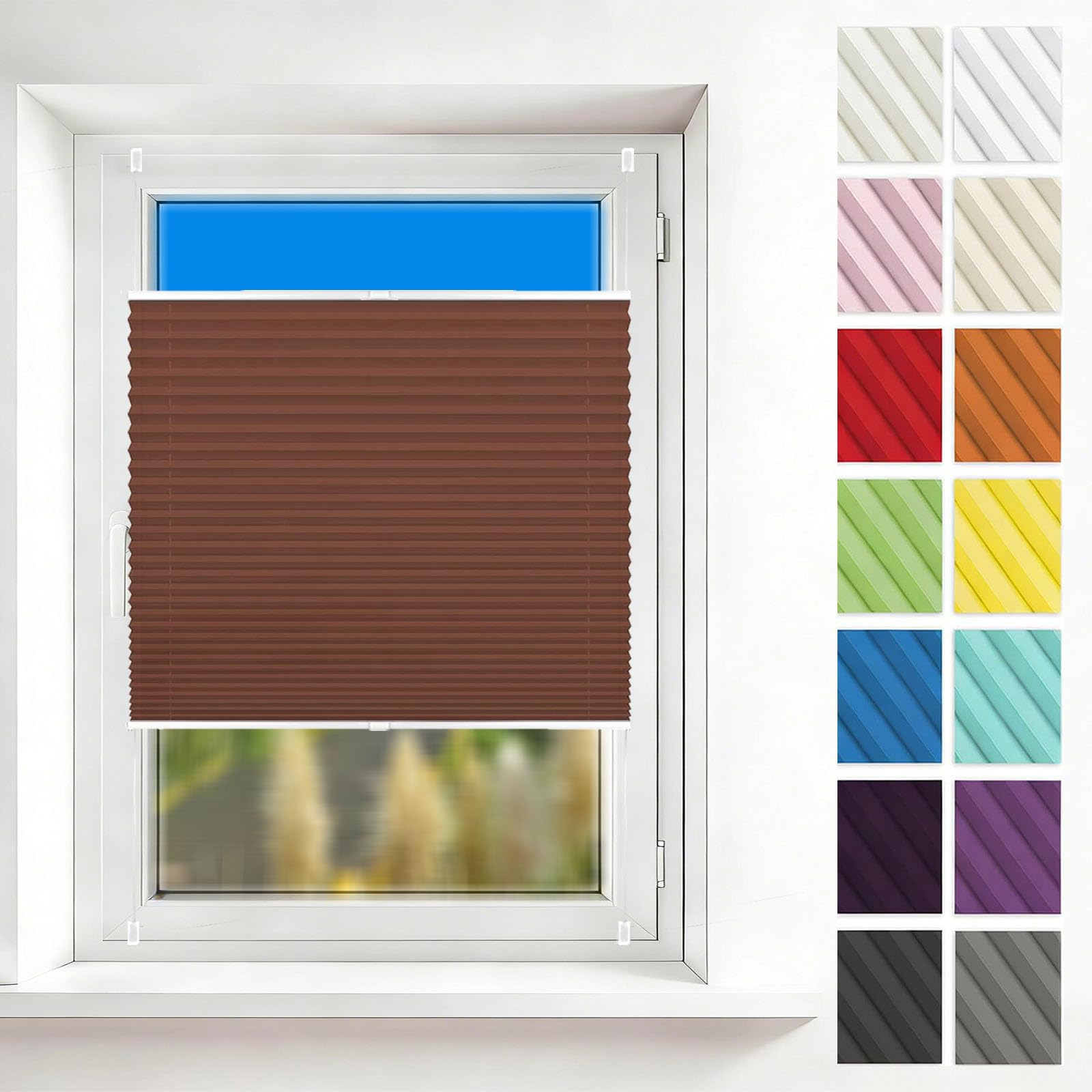Store plissé sans fil thermique marron contre vis-à-vis soleil