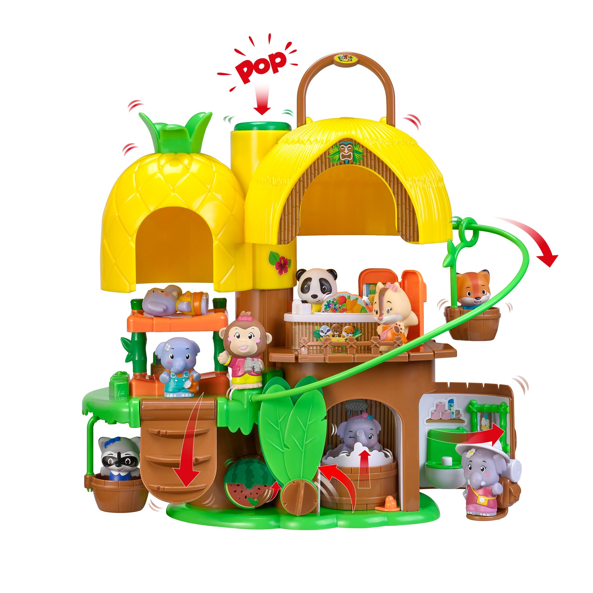 Klorofil – Tropisches Haus Miniaturwelt – Ab 18 Monaten – Schlafzimmer, Küche, Badezimmer, Seilbahn – Pop Up, Spiegel, Fruchtrad – 1 Figur inklusive – Geschenkidee Kinderspielzeug – Mädchen Junge
